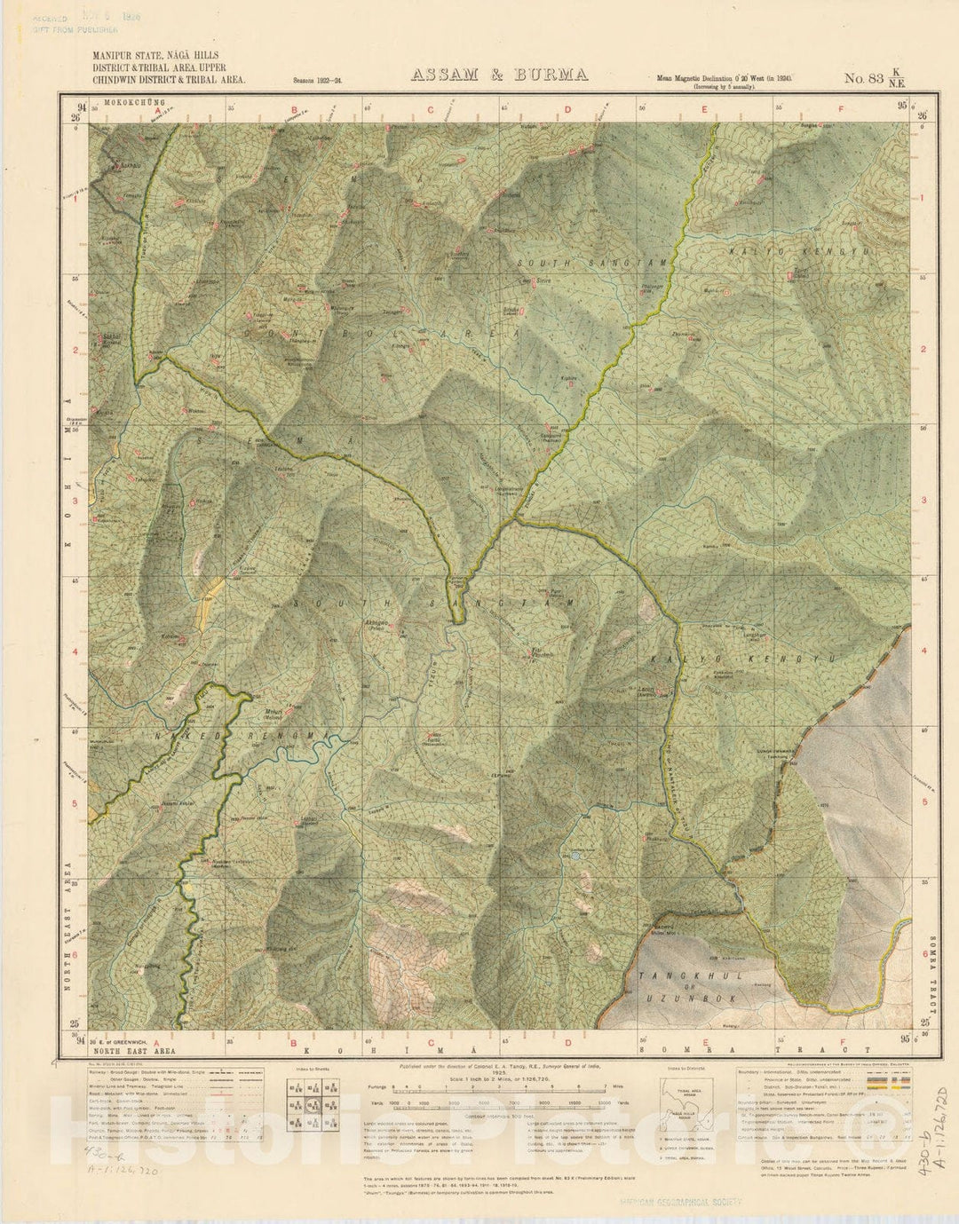 Map : Manipur State, Naga Hills District & Tribal area, Upper Chindwin District & Tribal area, Assam & Burma, No. 83 K/N.E. 1925, India and adjacent countries