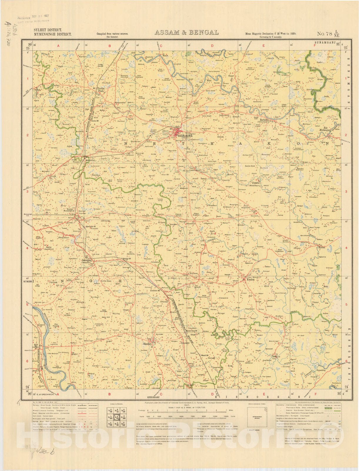 Map : Sylhet District, Mymensingh District, Assam & Bengal, No. 78 L/N.E. 1927, India and adjacent countries, Antique Vintage Reproduction