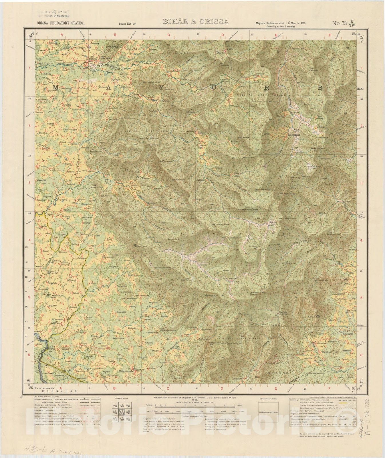 Map : Orissa Feudatory States, Bihar & Orissa, No. 73 K/N.W. 1930, India and adjacent countries, Antique Vintage Reproduction