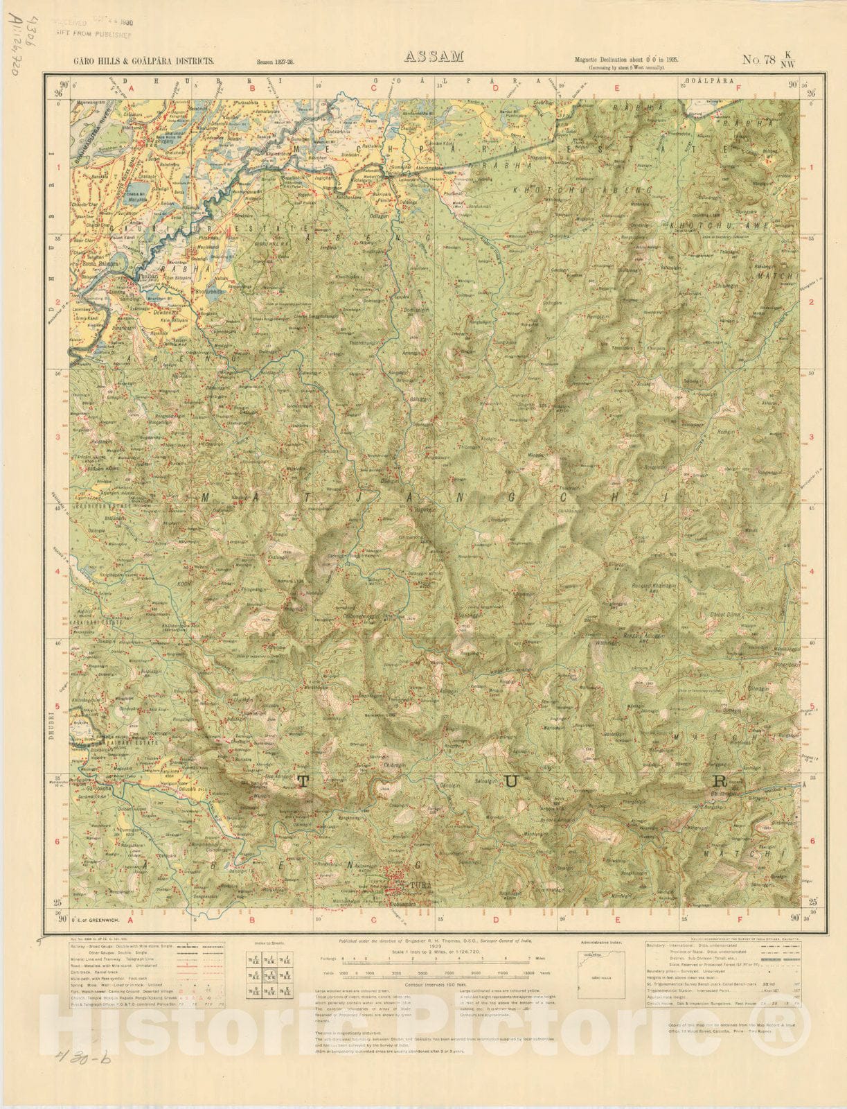 Map : Garo Hills & Goalpara Districts, Assam, No. 78 K/N.W. 1929, India and adjacent countries, Antique Vintage Reproduction