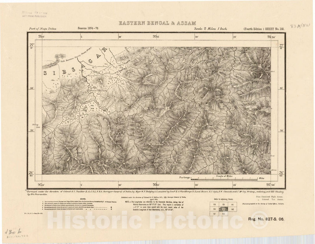 Map : Part of Naga Tribes, eastern Bengal & Assam, sheet no. 132 [83 N/N.W.] 1906, India and adjacent countries, Antique Vintage Reproduction