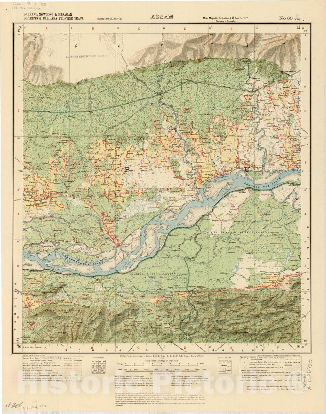 Map : Darrang, Nowgong & Sibsagar Districts & Balipara Frontier Tract, Assam, No. 83 F/N.W. 1922, India and adjacent countries, Antique Vintage Reproduction