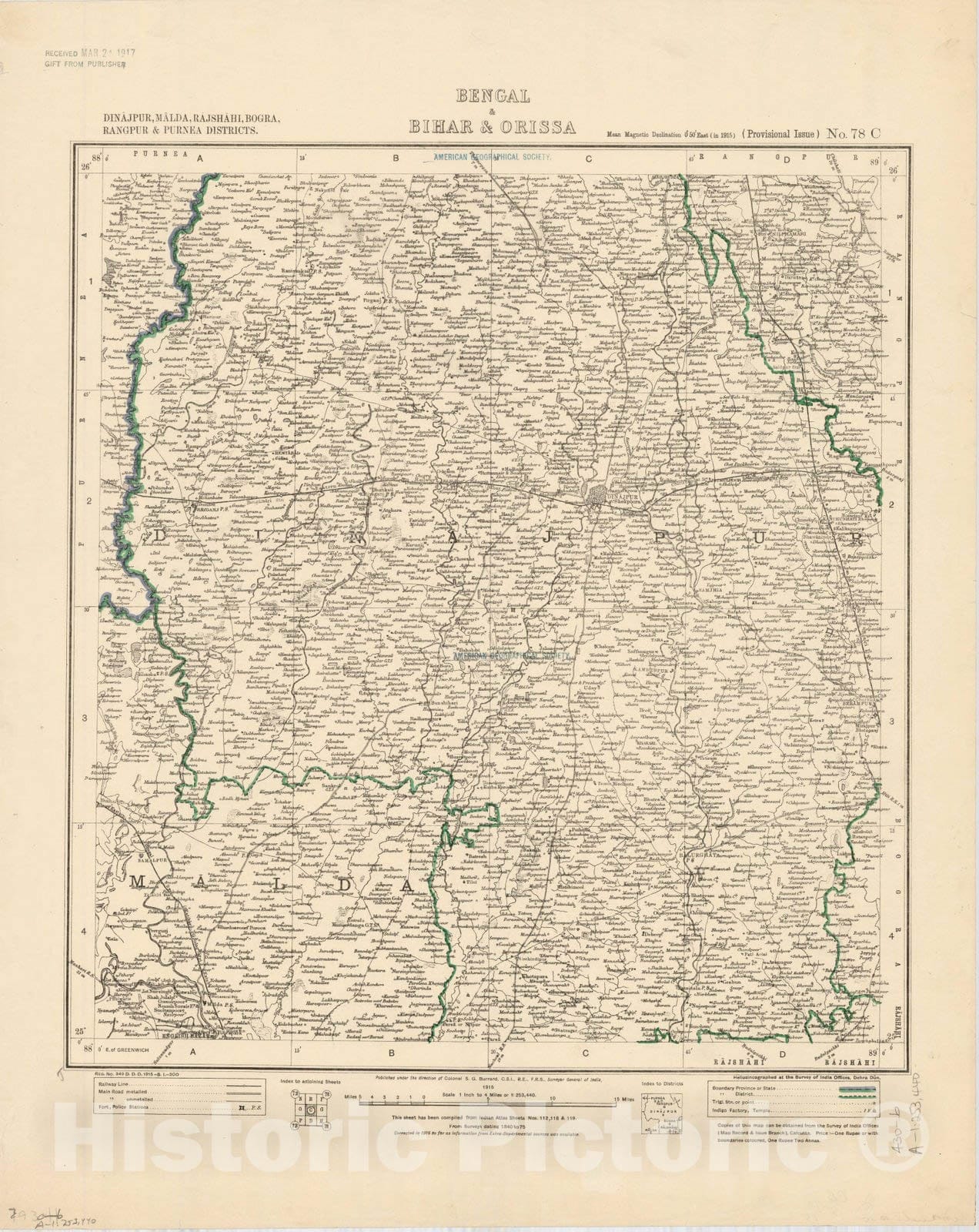 Map : Dinajpur, Malda, Rajshahi, Bogra, Rangpur & Purnea Districts, Bengal & Bihar & Orissa, No. 78 C 1915, India 1:253,440, Antique Vintage Reproduction