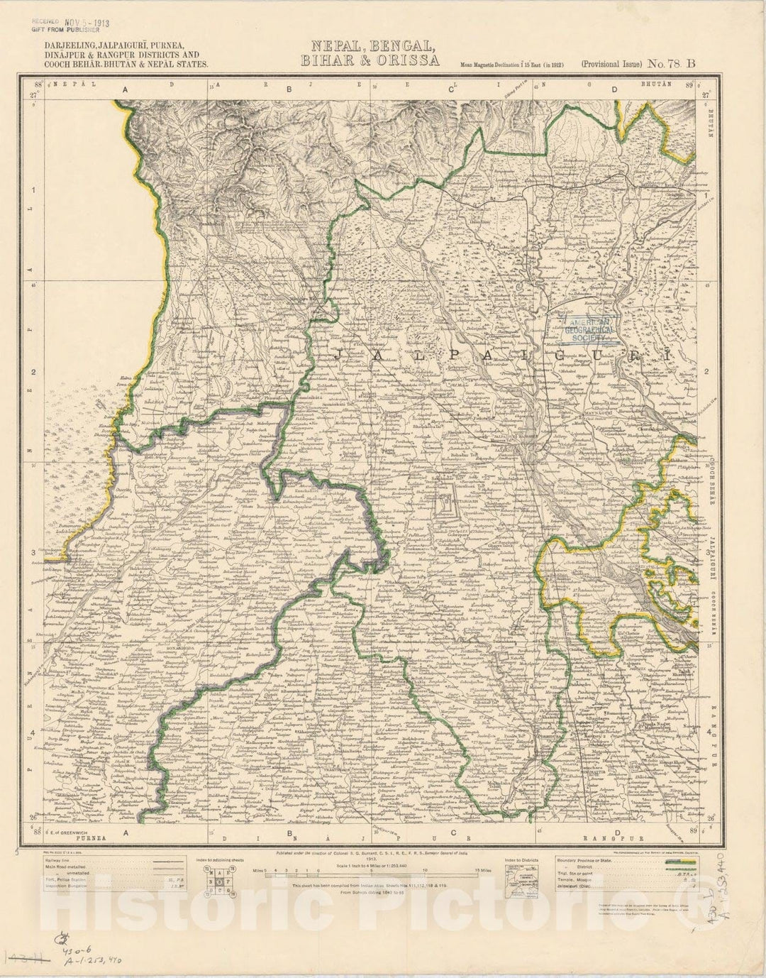 Map : Darjeeling, Jalpaiguri, Purnea, Dinajpur & Rangpur Districts and Cooch Behar, Bhutan & Nepal States, Nepal, Bengal, Bihar & Orissa, No. 78 B, India 1:253,440