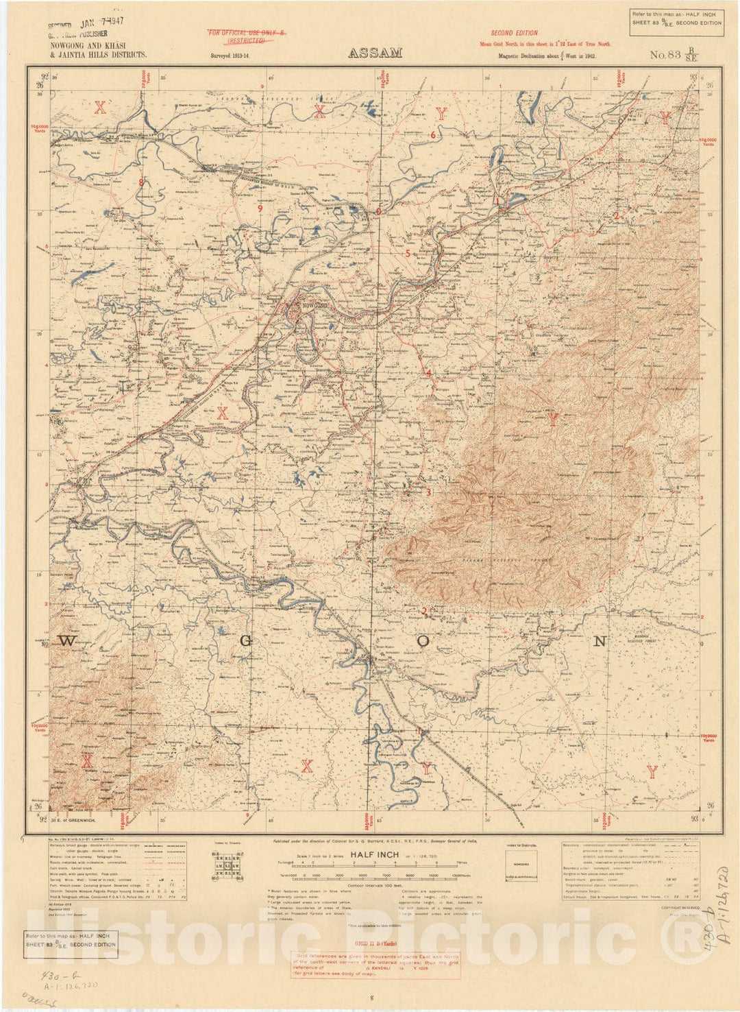 Map : Nowgong and Khasi & Jaintia Hills Districts, Assam No. 83 B/S.E. 1944, India and adjacent countries, Antique Vintage Reproduction