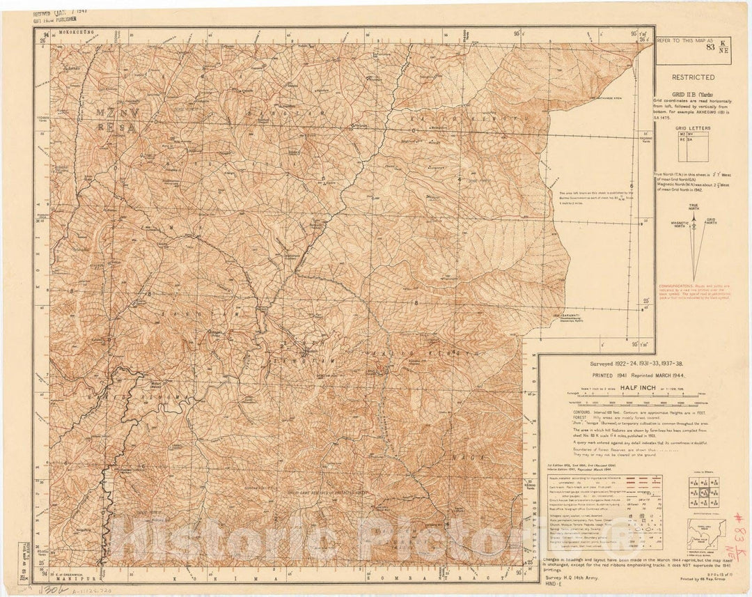 Map : Assam, India 1944, India and adjacent countries. [Tribal area and Naga Hills, Assam] No. 83 K, Antique Vintage Reproduction