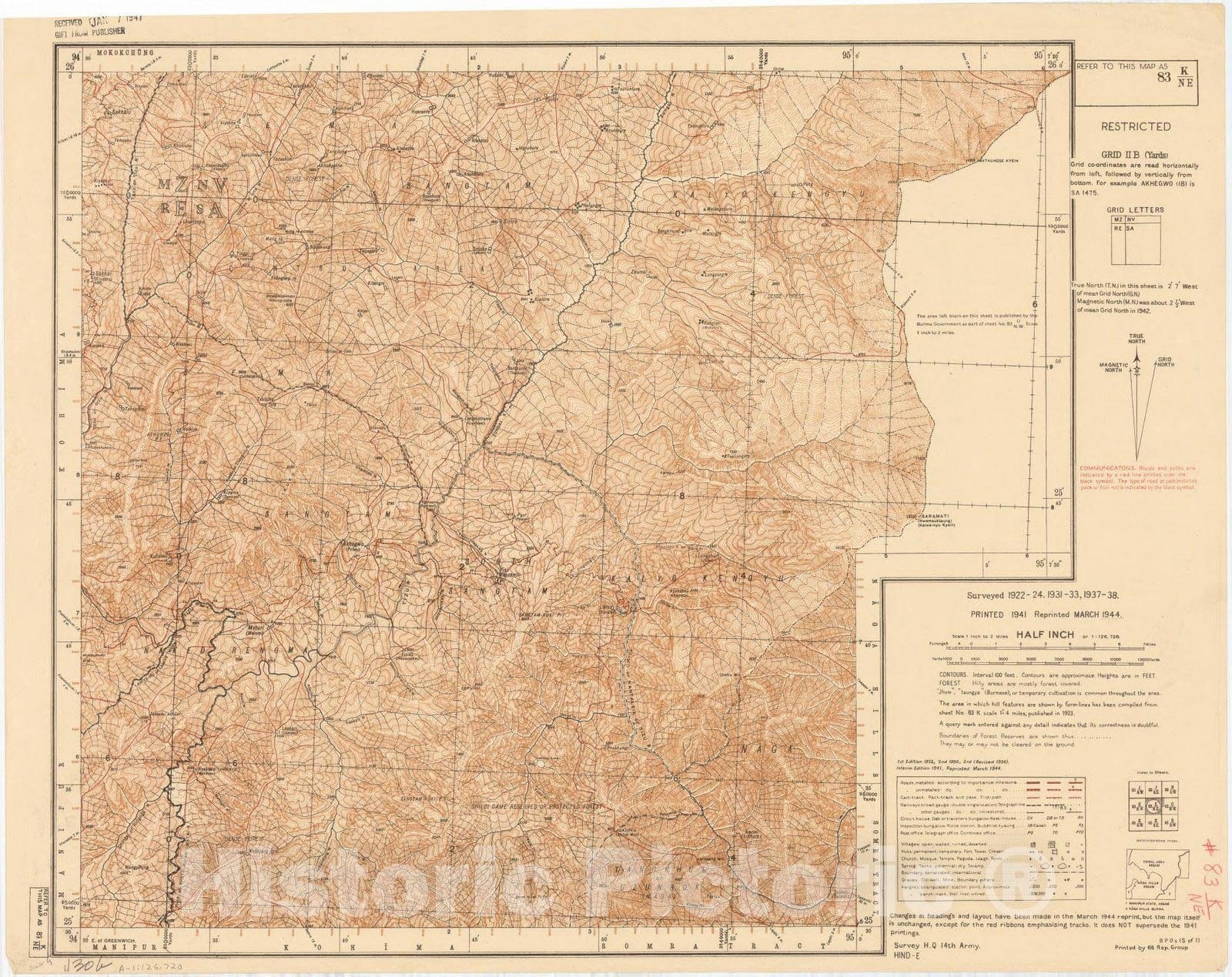 Map : Assam, India 1944, India and adjacent countries. [Tribal area and Naga Hills, Assam] No. 83 K, Antique Vintage Reproduction