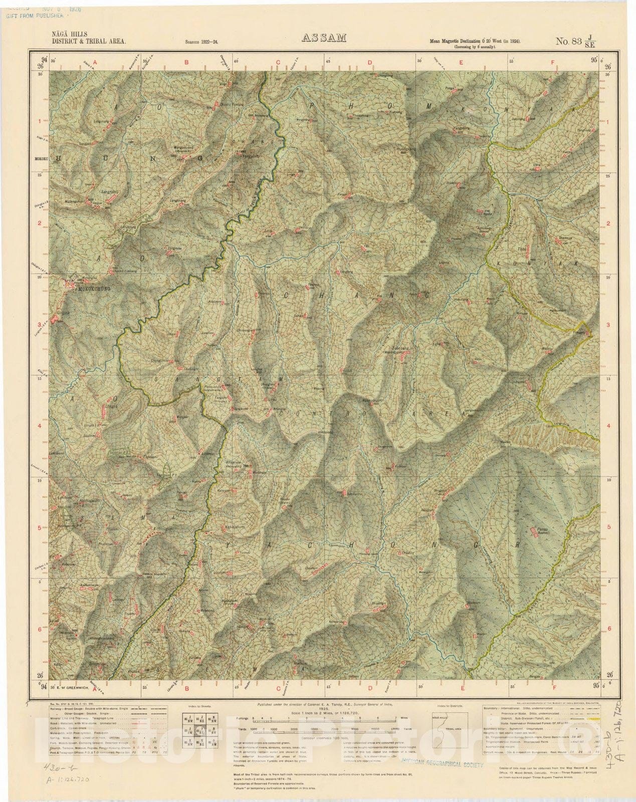 Map : Naga Hills District & Tribal area, Assam, No. 83 J/S.E. 1925, India and adjacent countries, Antique Vintage Reproduction