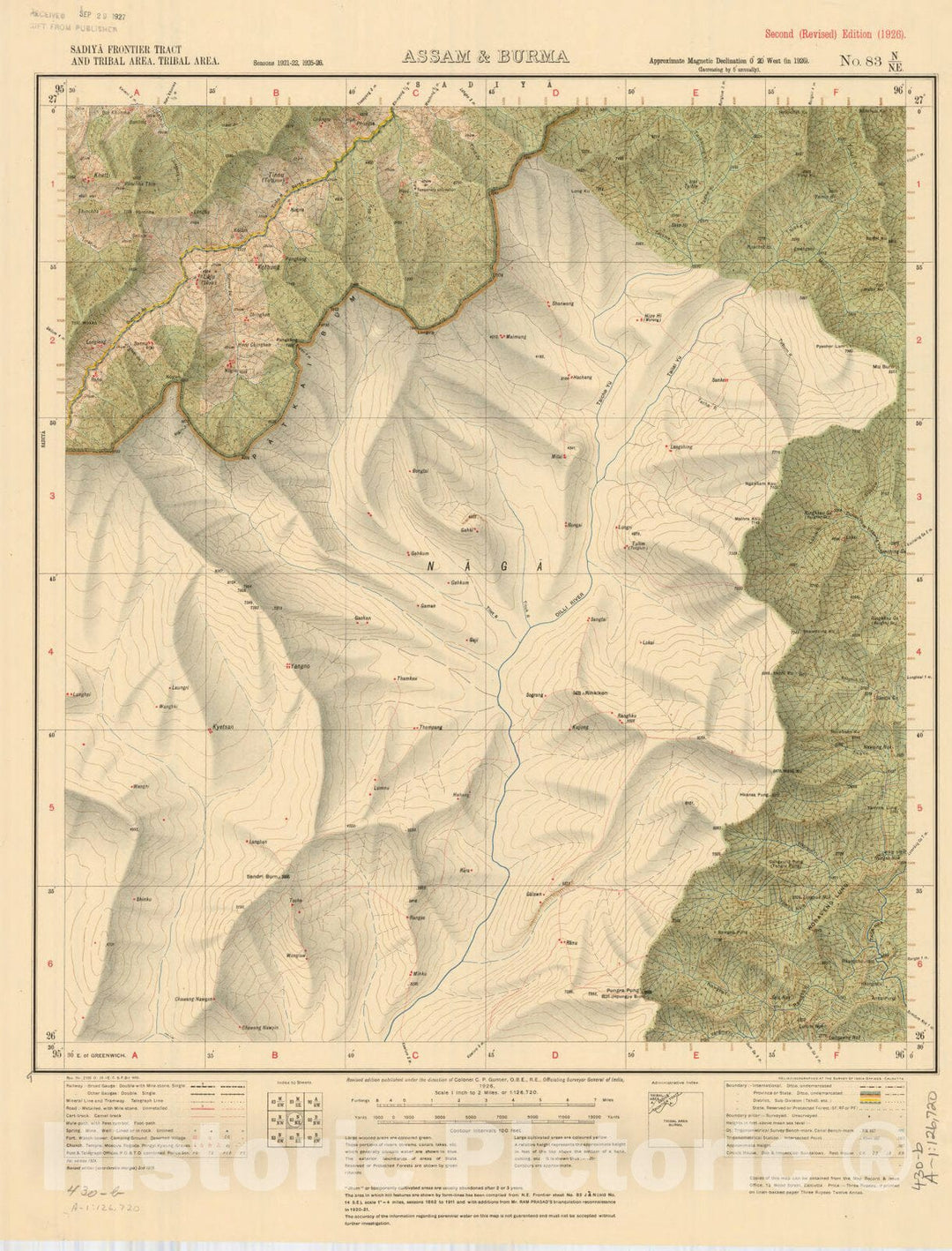 Map : Sadiya Frontier Tract and Tribal area, Tribal area, Assam & Burma, No. 83 N/N.E. 1926, India and adjacent countries, Antique Vintage Reproduction