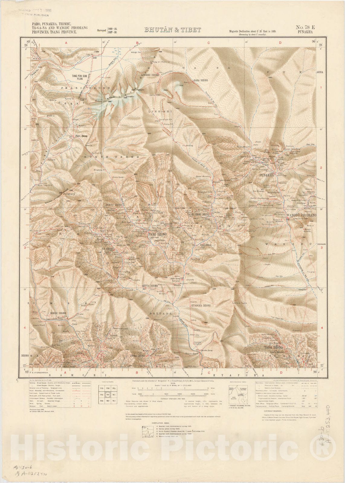 Map : Paro, Punakha, Thimbu, Ta-Ga-Na and Wangdu Phodrang Provinces, Tsang Province, Bhutan & Tibet, No. 78 E 1934, India 1:253,440, Antique Vintage Reproduction