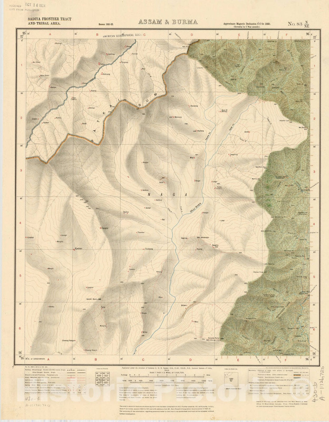 Map : Sadiya Frontier Tract and Tribal area, Assam & Burma, No. 83 N/N.E. 1923, India and adjacent countries, Antique Vintage Reproduction