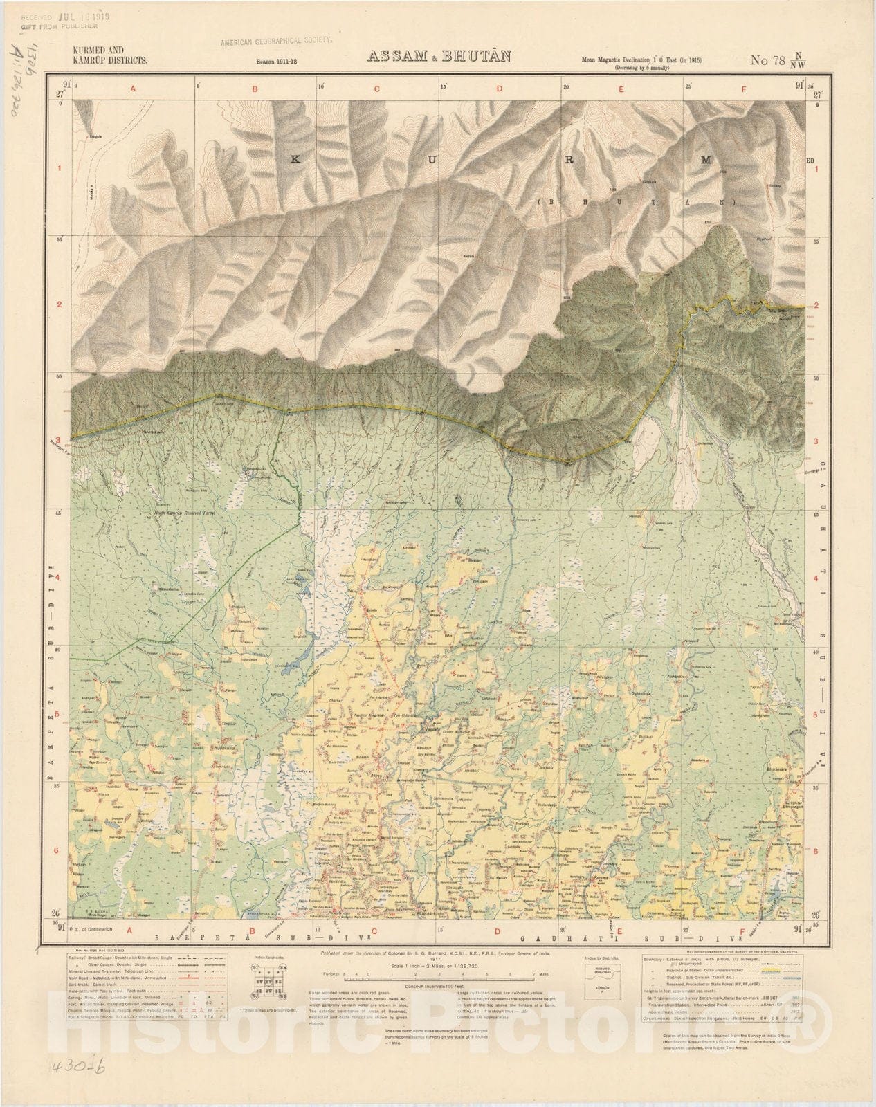 Map : Kurmed and Kamrup Districts, Assam &Bhutan, No. 78 N/N.W. 1917, India and adjacent countries, Antique Vintage Reproduction