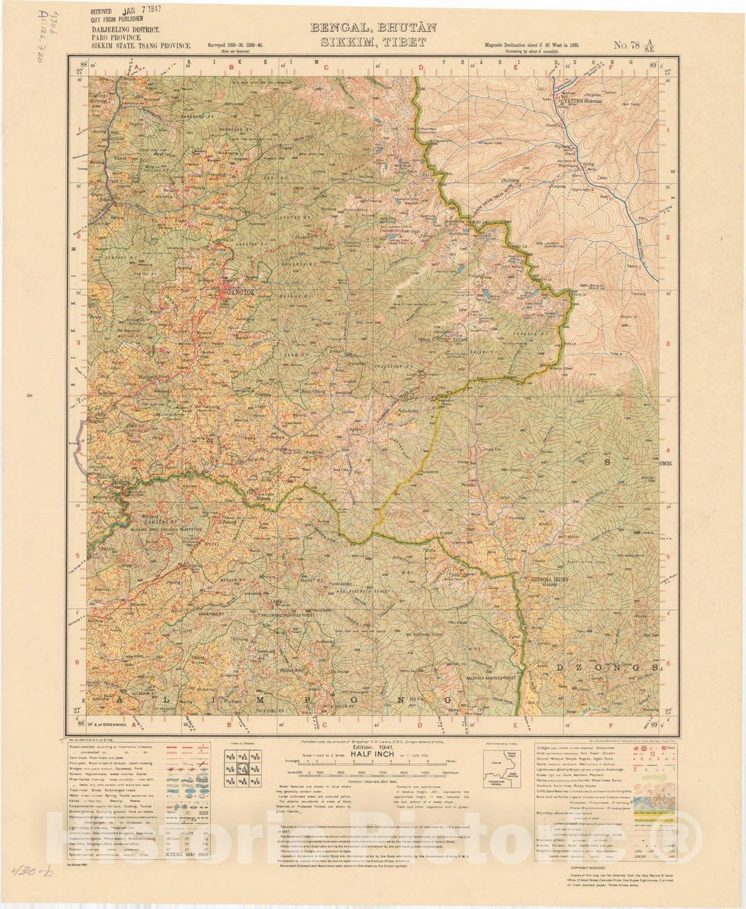 Map : Darjeeling District, Paro Province, Sikkim State, Tsang Province, Bengal, Bhutan, Sikkim, Tibet, No. 78 A/S.E. 1941, India and adjacent countries