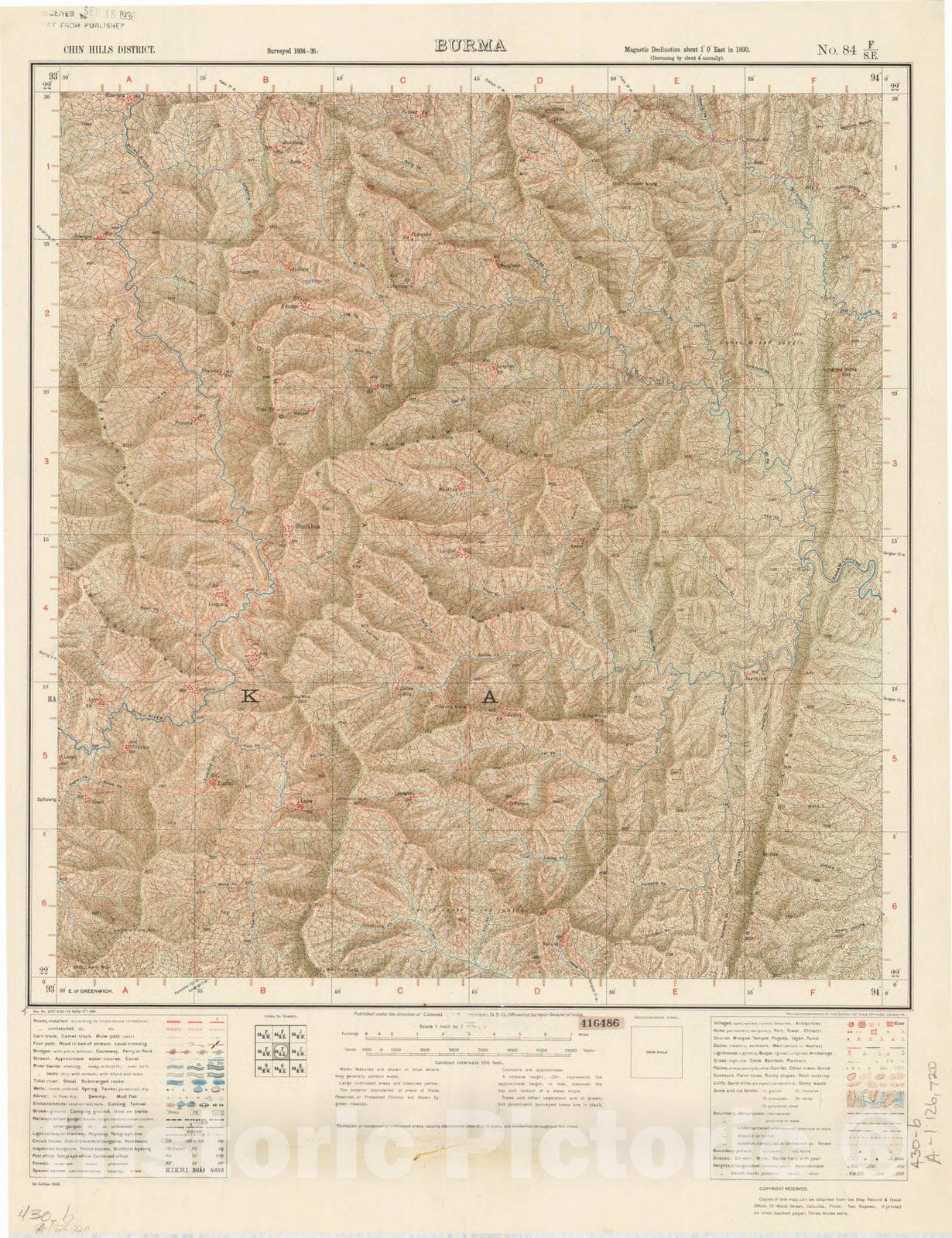 Map : Chin Hills District, Burma, No. 84 F/S.E. 1935, India and adjacent countries, Antique Vintage Reproduction