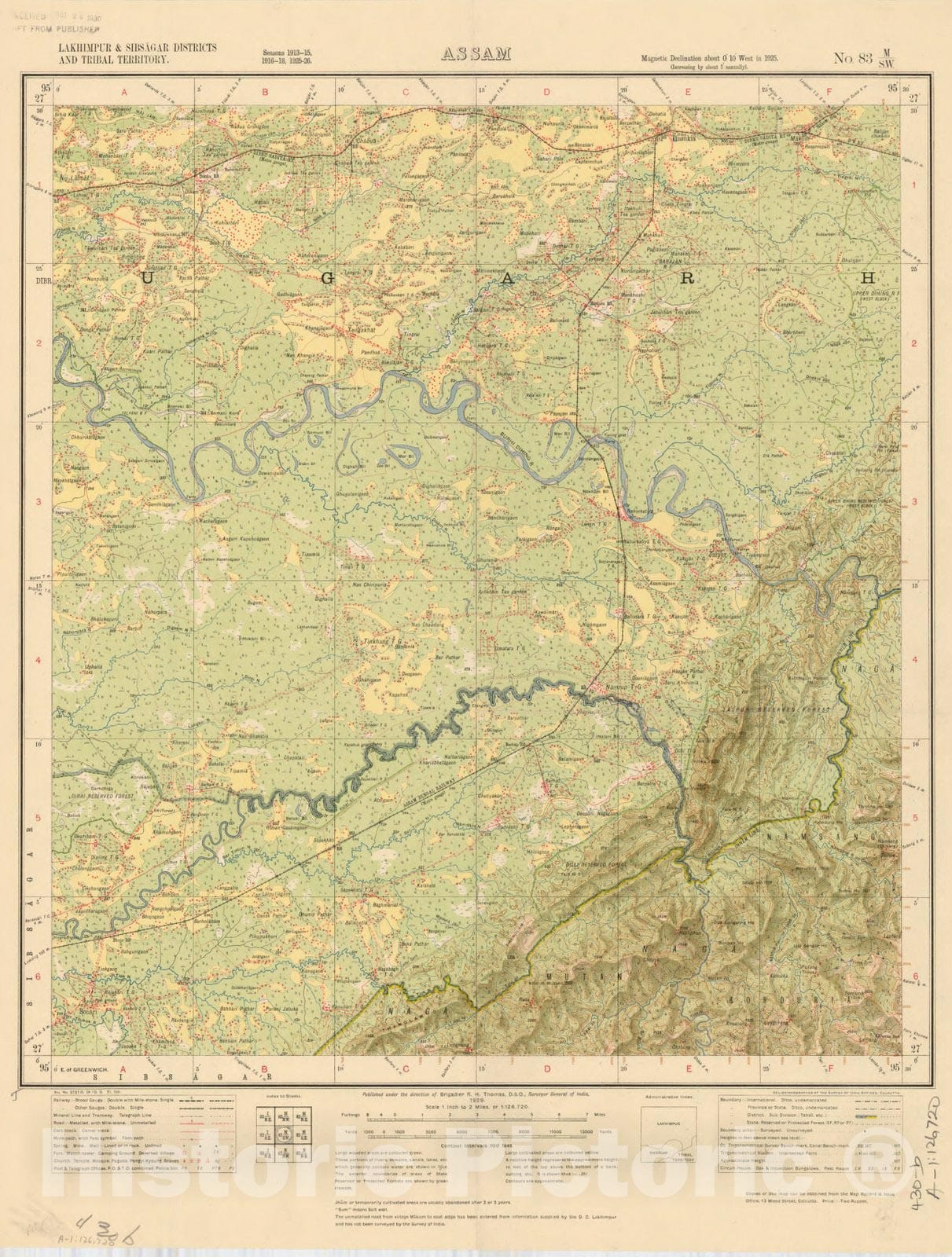 Map : Lakhimpur & Sibsagar Districts and Tribal Territory, Assam, No. 83 M/S.W. 1929, India and adjacent countries, Antique Vintage Reproduction