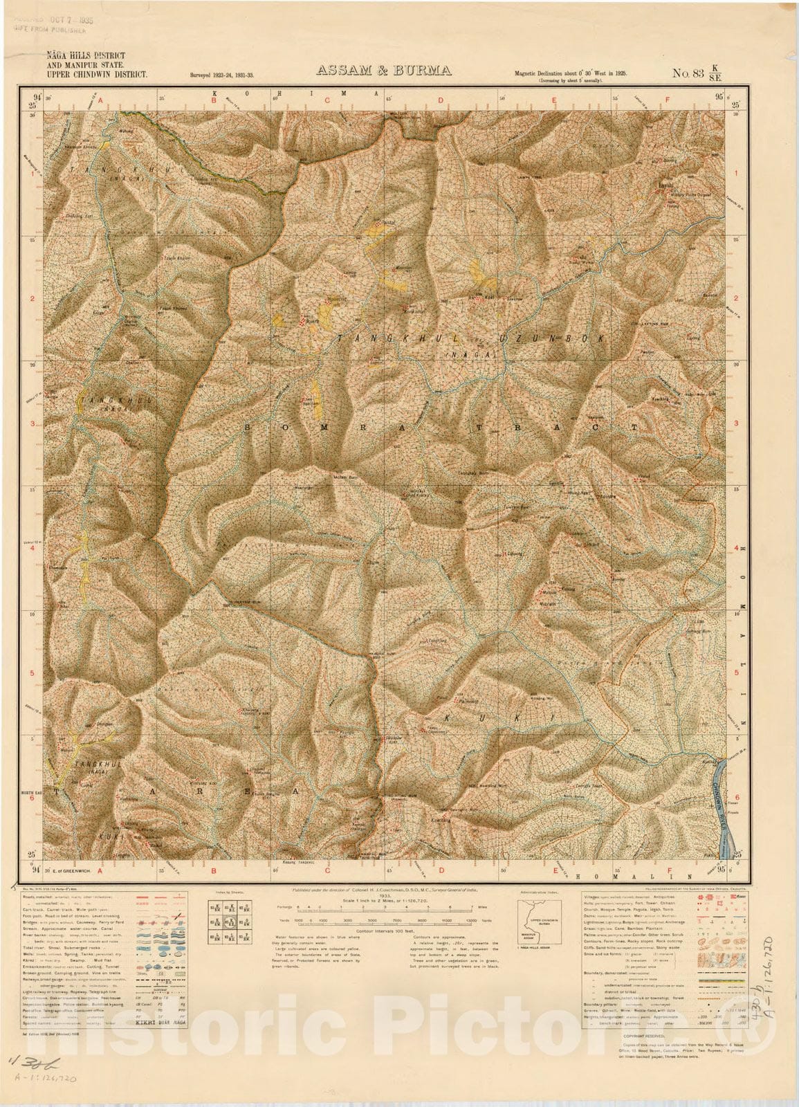 Map : Naga Hills District and Manipur State, Upper Chindwin District, Assam & Burma, No. 83 K/S.E. 1933 1, India and adjacent countries, Antique Vintage Reproduction