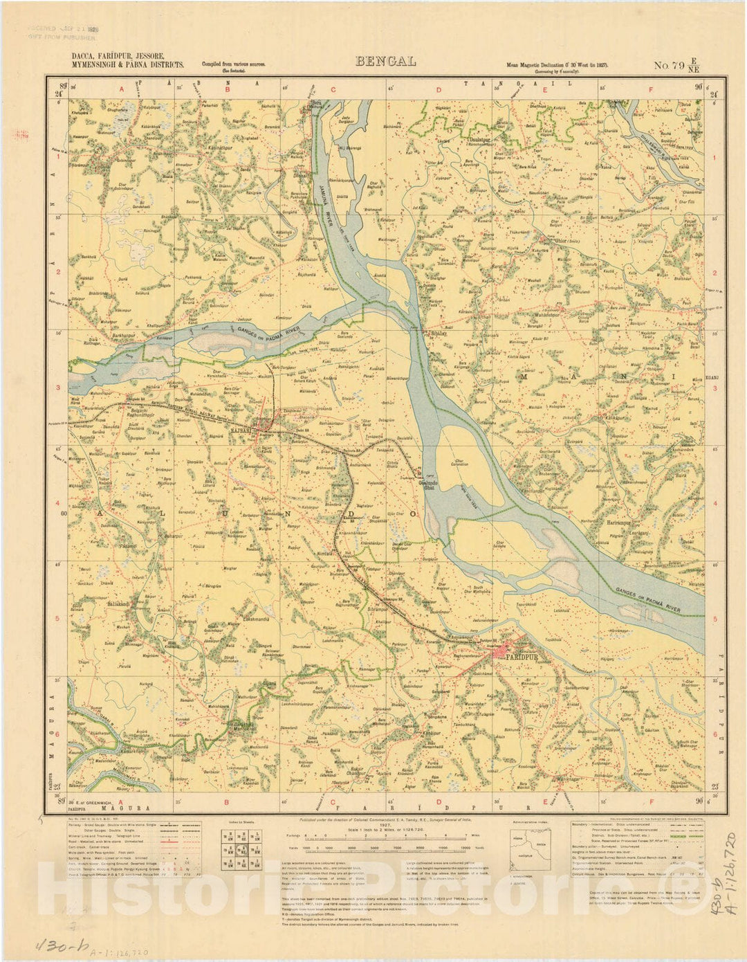 Map : Dacca, Faridpur, Jessore, Mymensingh & Pabna Districts, Bengal, No. 79 E/N.E. 1924, India and adjacent countries, Antique Vintage Reproduction