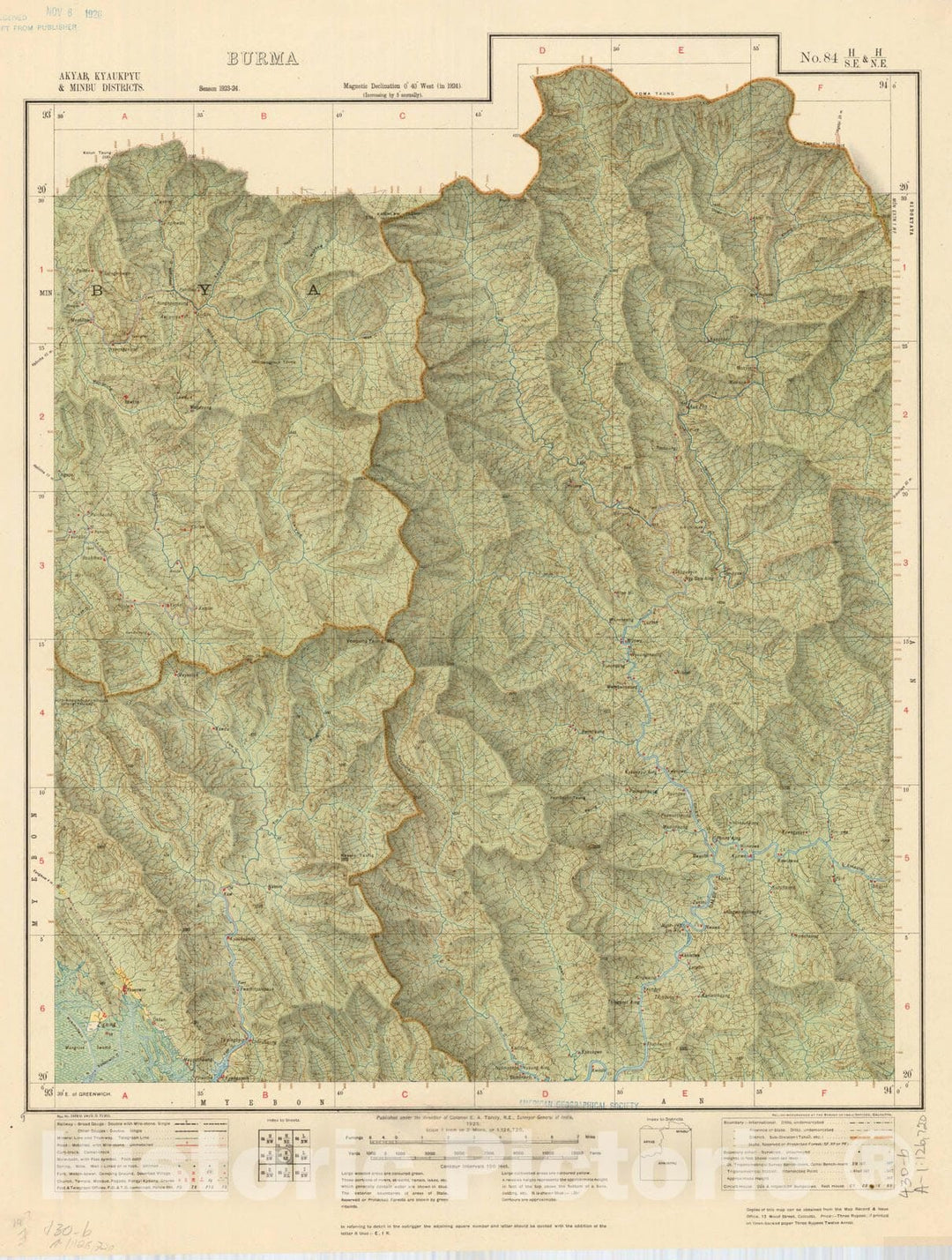 Map : Akyab, Kyaukpyu & Minbu Districts, Burma, No. 84 H/S.E. & H/N.E. 1925, India and adjacent countries, Antique Vintage Reproduction