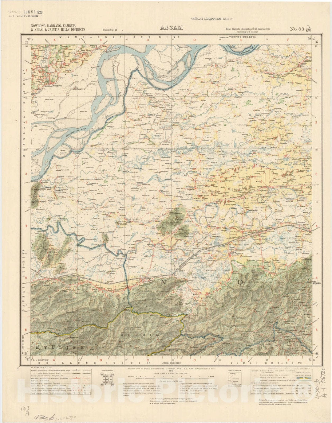 Map : Nowgong, Darrang, Kamrup, & Khasi & Jaintia Hills Districts, Assam, No. 83 B/S.W. 1918, India and adjacent countries, Antique Vintage Reproduction