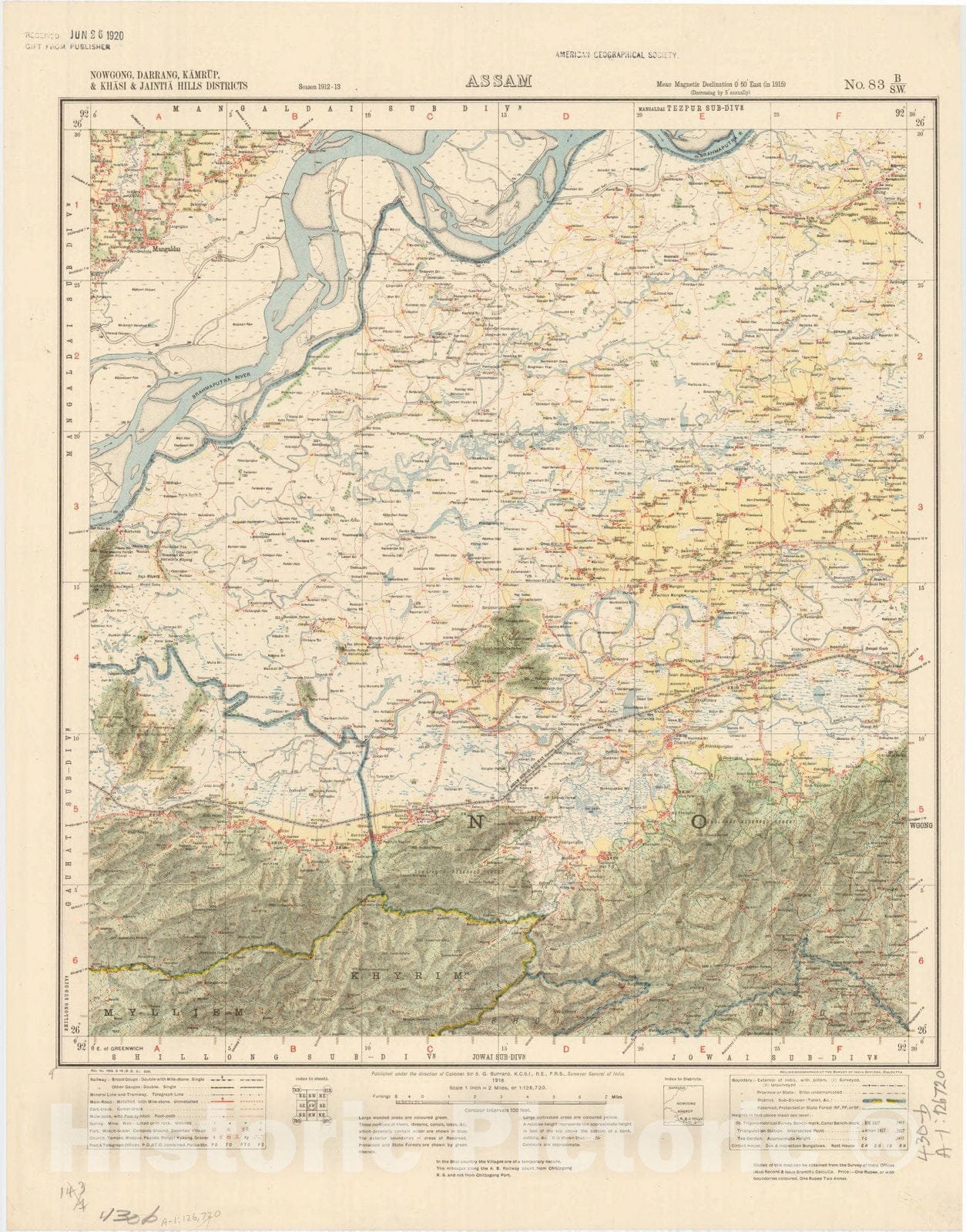 Map : Nowgong, Darrang, Kamrup, & Khasi & Jaintia Hills Districts, Assam, No. 83 B/S.W. 1918, India and adjacent countries, Antique Vintage Reproduction