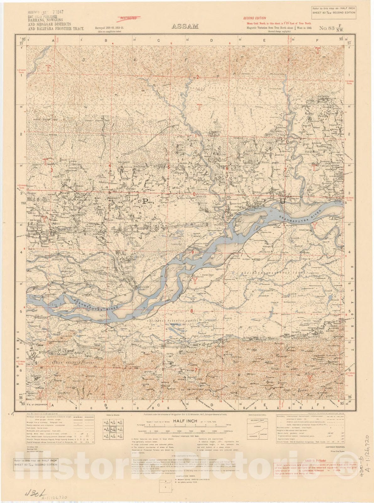 Map : Darrang, Nowgong and Sibsagar Districts and Balipara Frontier Tract, Assam, No. 83 F/N.W. 1945, India and adjacent countries, Antique Vintage Reproduction