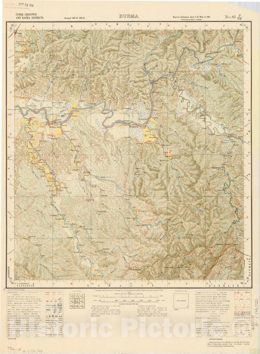 Map : Upper Chindwin and Katha Districts, Burma, No. 83 P/N.W. 1933, India and adjacent countries, Antique Vintage Reproduction