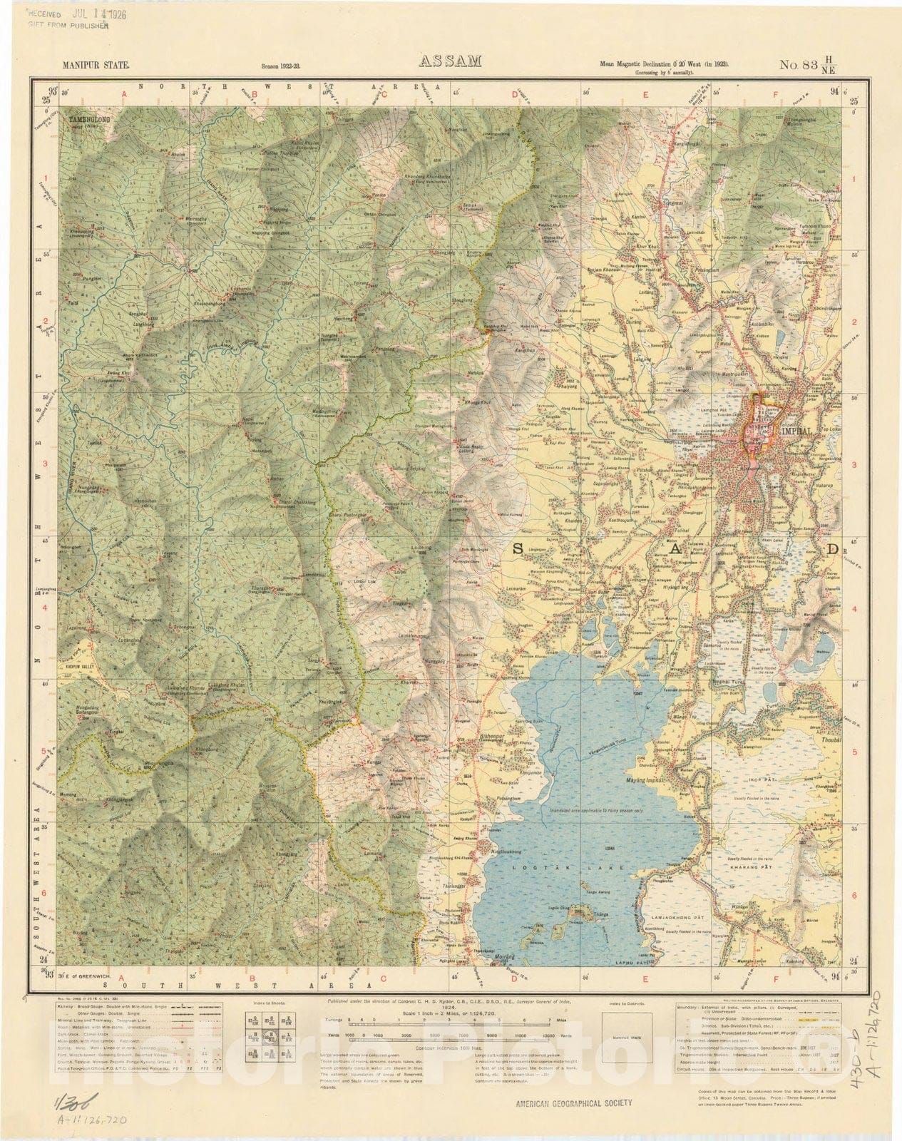 Map : Manipur State, Assam, No. 83 H/N.E. 1924, India and adjacent countries, Antique Vintage Reproduction