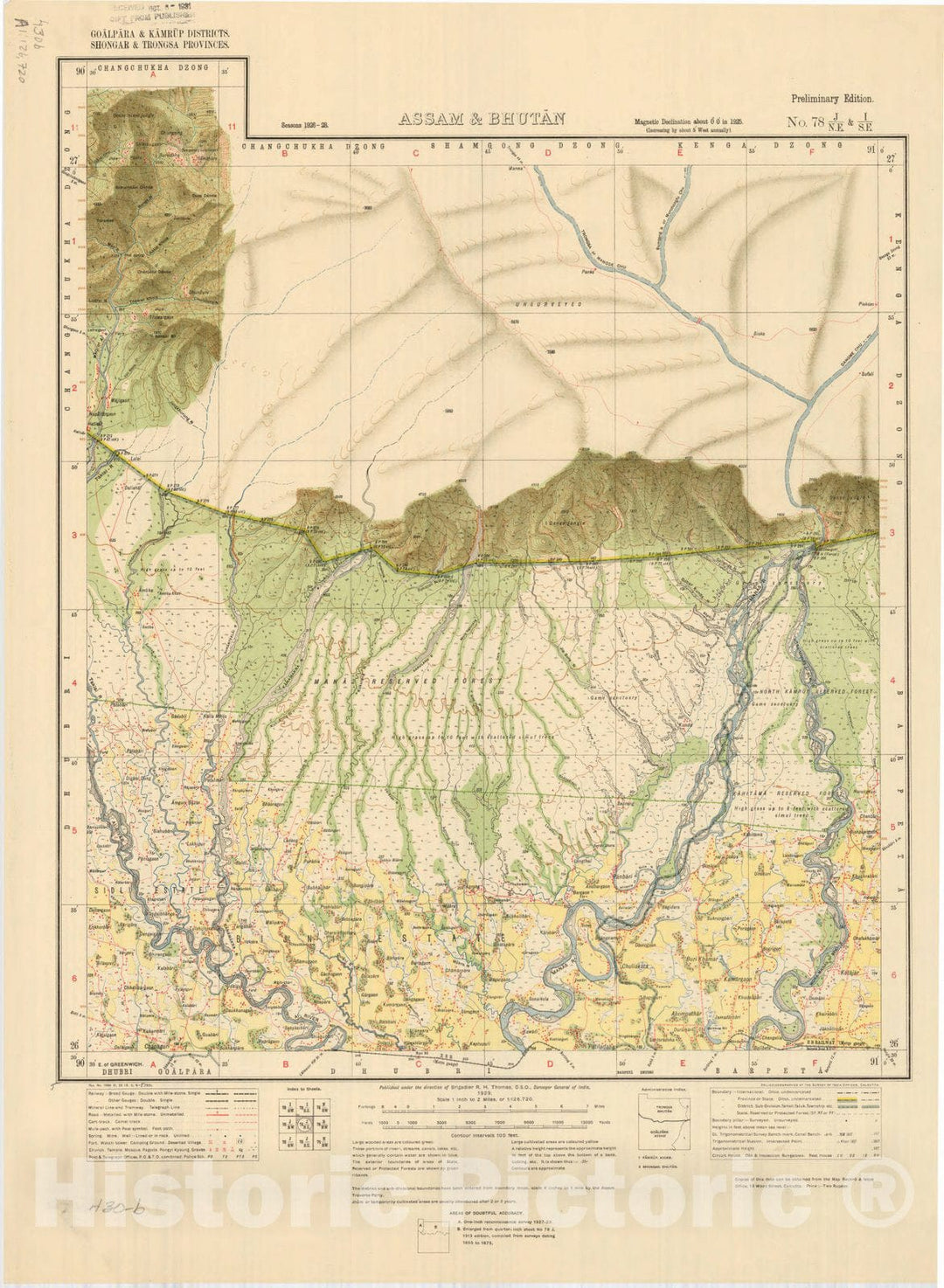 Map : Goalpara & Kamrup Districts, Shongar & Trongsa Provinces, Assam & Bhutan, No. 78 J/N.E. & I/S.E. 1929, India and adjacent countries, Antique Vintage Reproduction