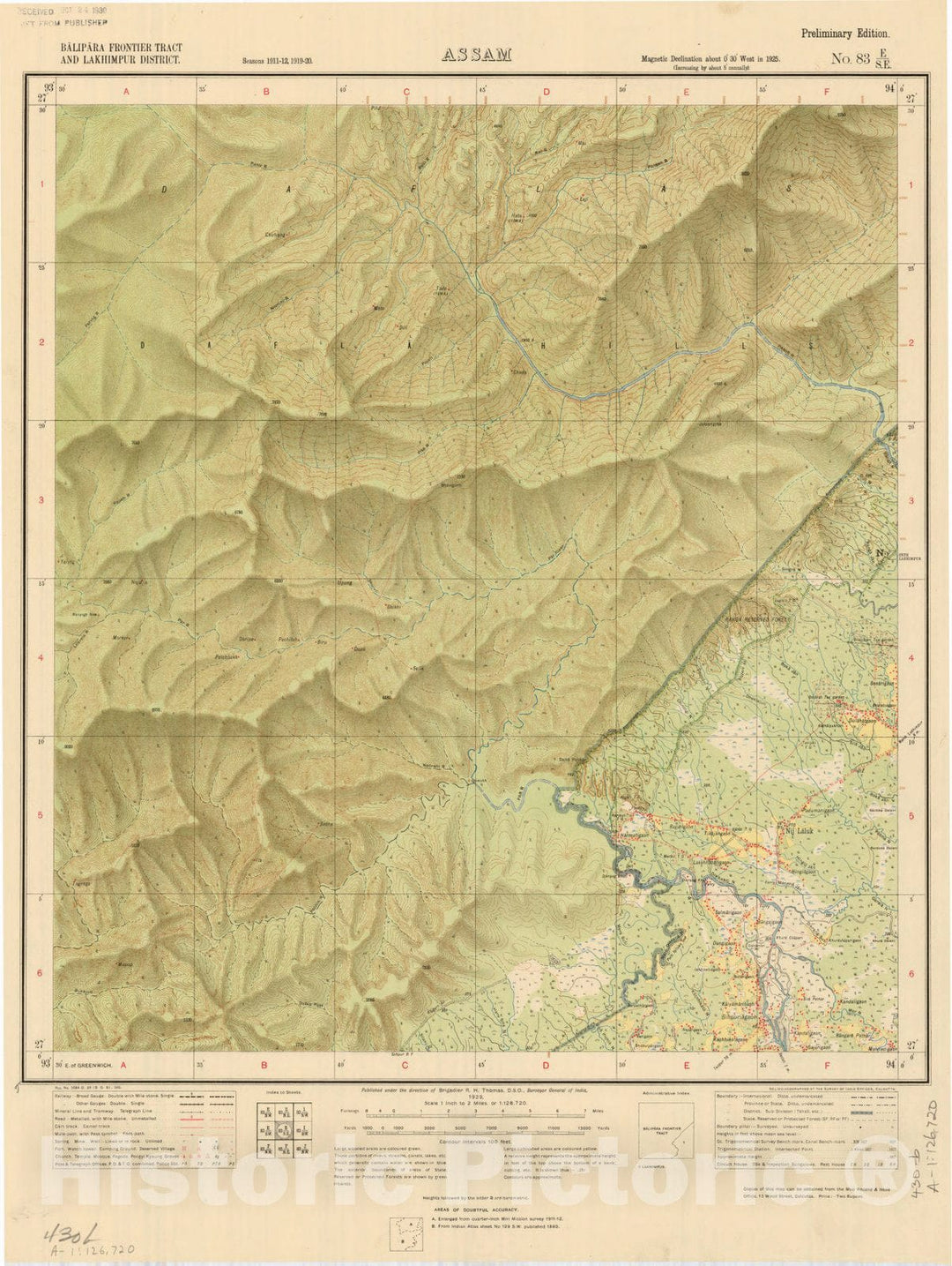 Map : Balipara Frontier Tract and Lakhimpur District, Assam, No. 83 E/S.E. 1929, India and adjacent countries, Antique Vintage Reproduction