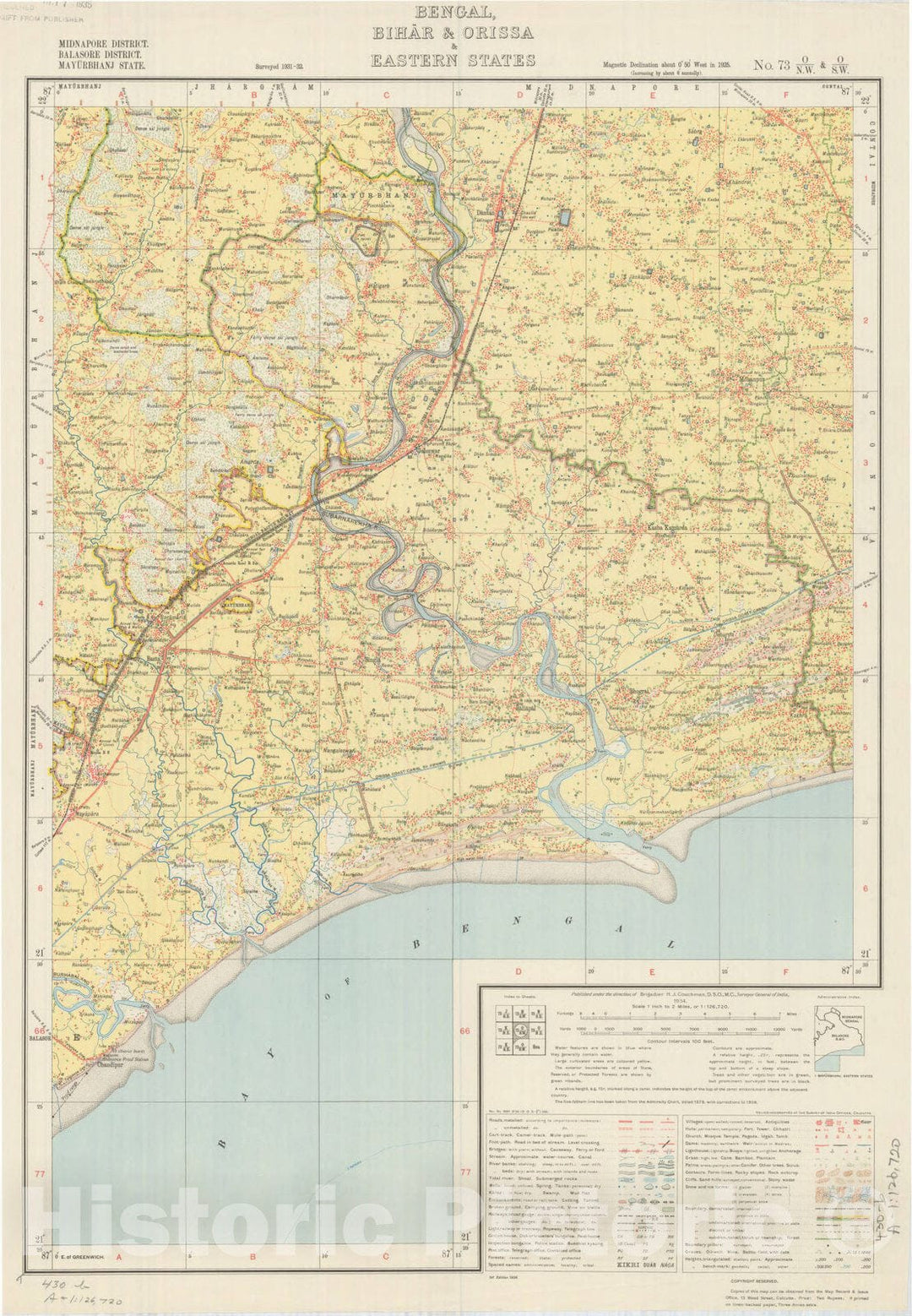 Map : Midnapore District, Balasore District, Mayurbhanj State, Bengal, Bihar & Orissa & eastern states, No. 73 O/N.W. & O/S.W. 1934, India and adjacent countries