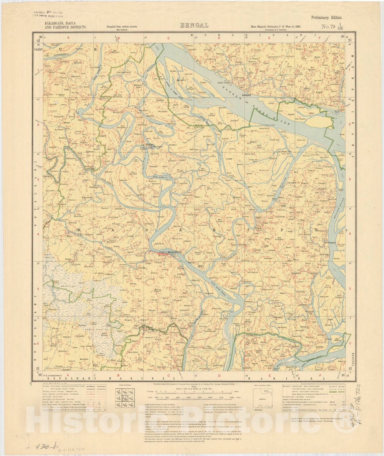 Map : Bakarganj, Dacca and Faridpur Districts, Bengal, No. 79 I/S.W. 1928, India and adjacent countries, Antique Vintage Reproduction