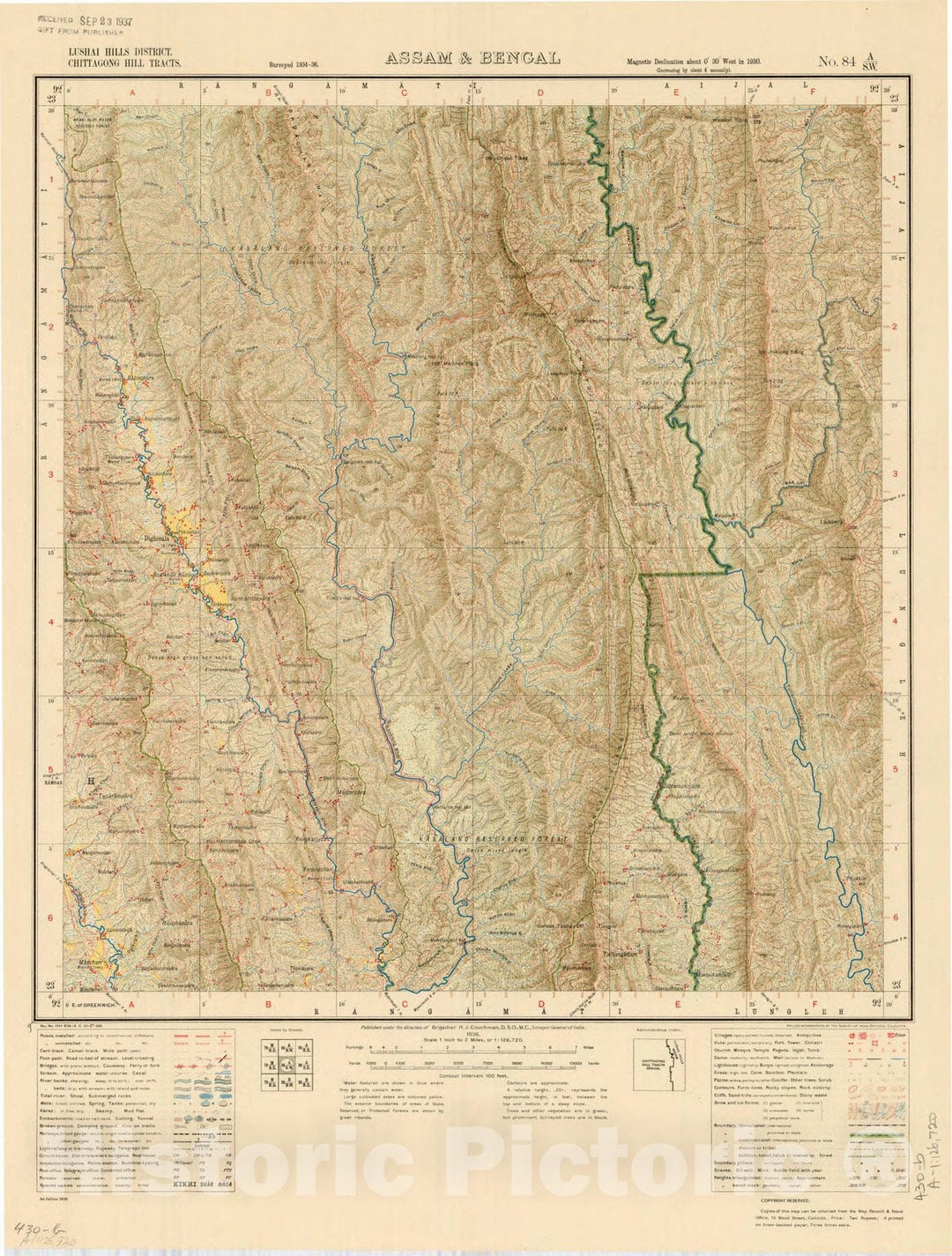 Map : Lushai Hills District. Chittagong Hill Tracts. Assam & Bengal No. 84 A/S.W. 1936, India and adjacent countries, Antique Vintage Reproduction