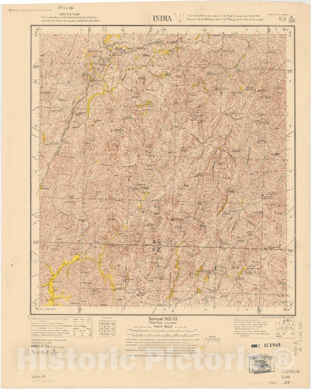 Map : India No. 83 K/S.W. 1943, India and adjacent countries, Antique Vintage Reproduction