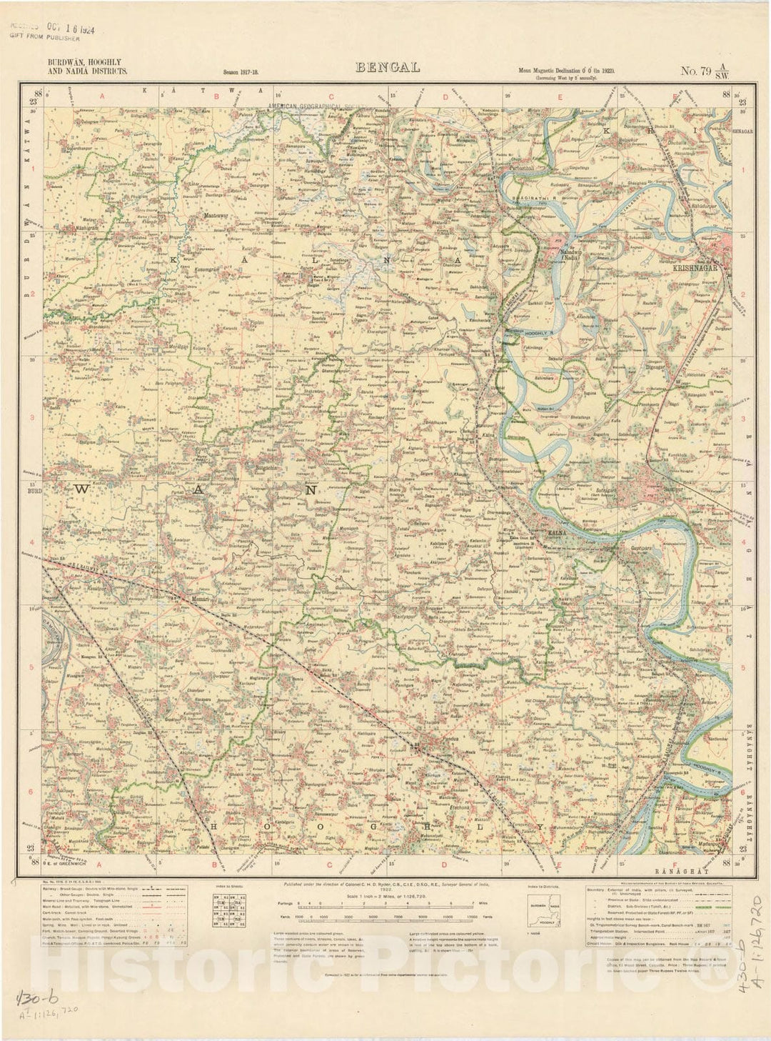 Map : Burdwan, Hooghly and Nadia Districts, Bengal, No. 79 A/S.W. 1922, India and adjacent countries, Antique Vintage Reproduction