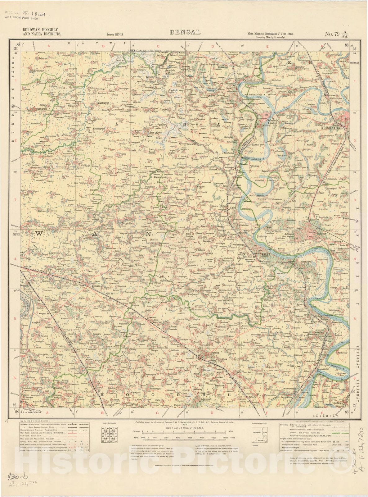 Map : Burdwan, Hooghly and Nadia Districts, Bengal, No. 79 A/S.W. 1922, India and adjacent countries, Antique Vintage Reproduction