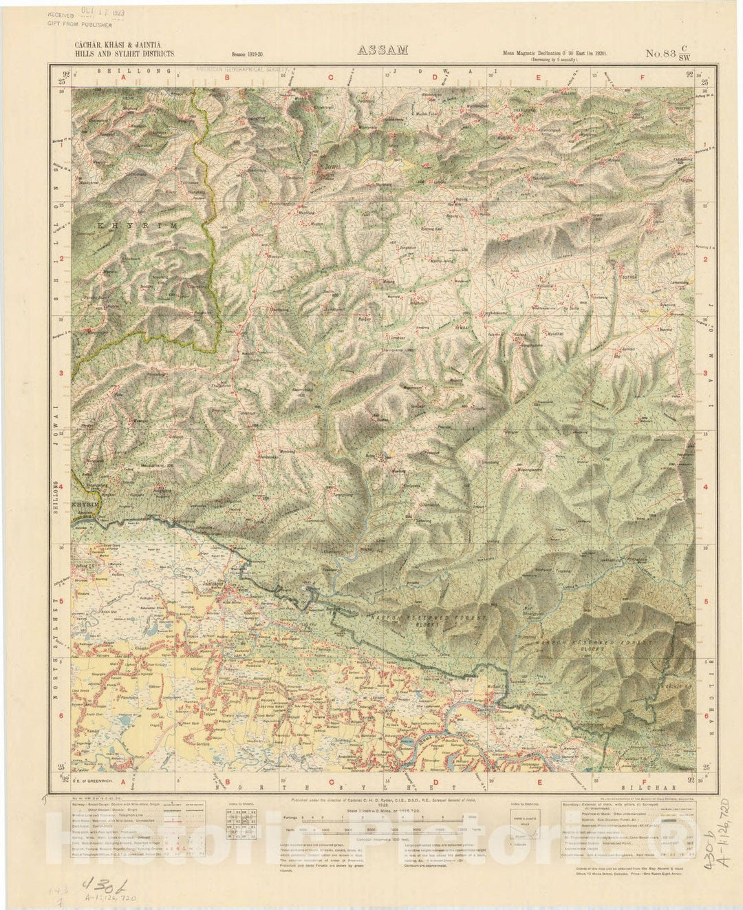 Map : Cachar, Khasi & Jaintia Hills and Sylhet Districts, Assam, No. 83 C/S.W. 1922, India and adjacent countries, Antique Vintage Reproduction