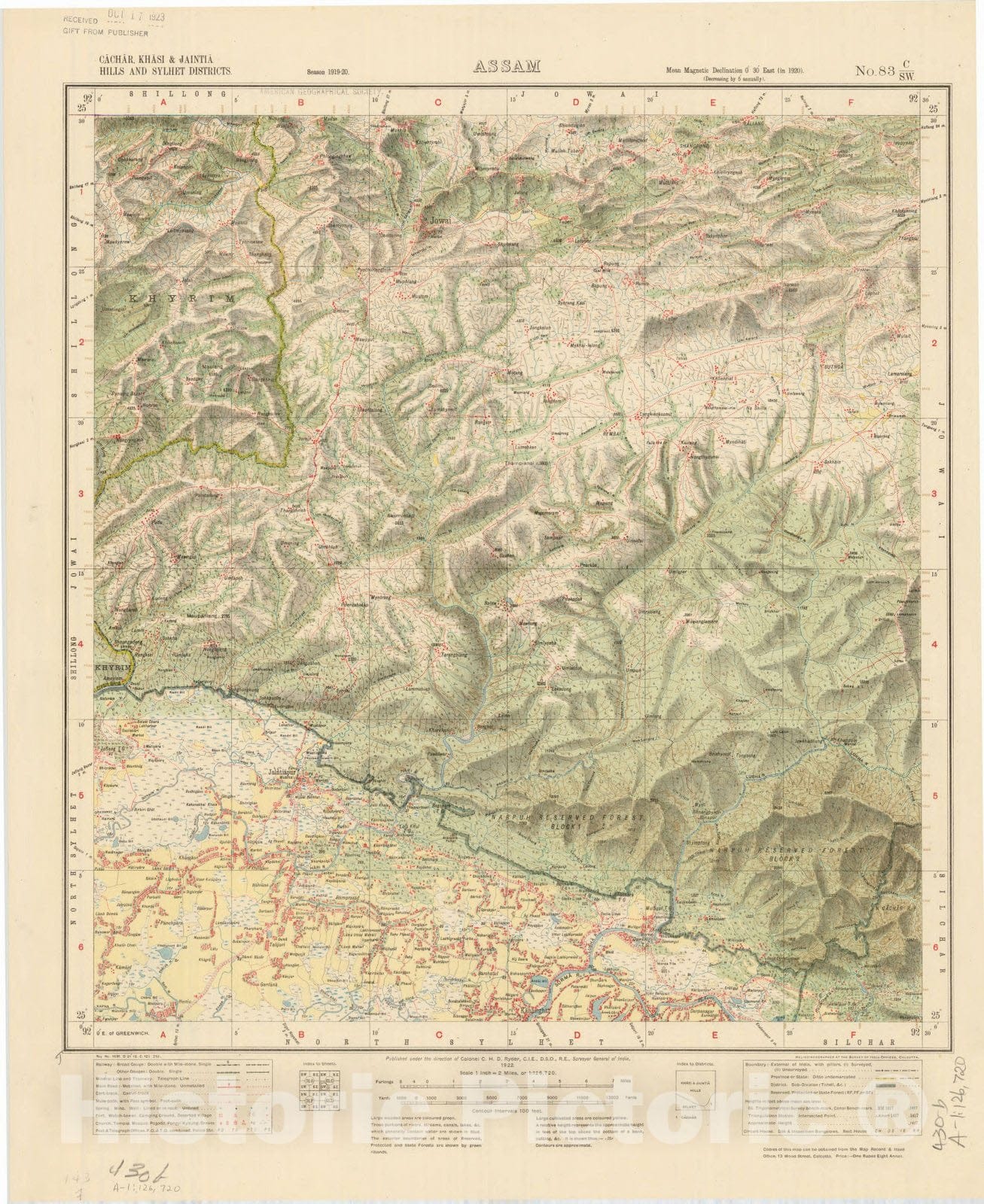 Map : Cachar, Khasi & Jaintia Hills and Sylhet Districts, Assam, No. 83 C/S.W. 1922, India and adjacent countries, Antique Vintage Reproduction