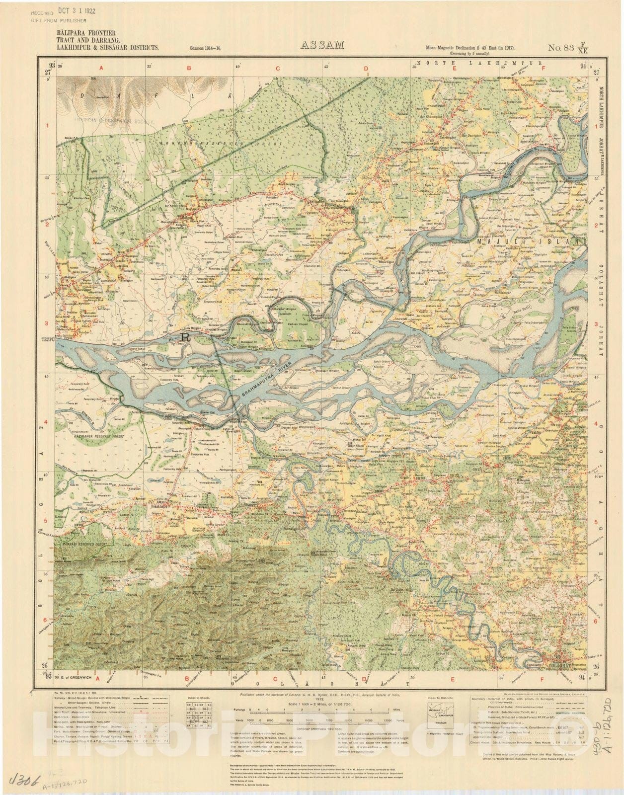 Map : Balipara Frontier Tract and Darrang Lakhimpur & Sibsagar Districts, Assam, No. 83 F/N.E. 1922, India and adjacent countries, Antique Vintage Reproduction