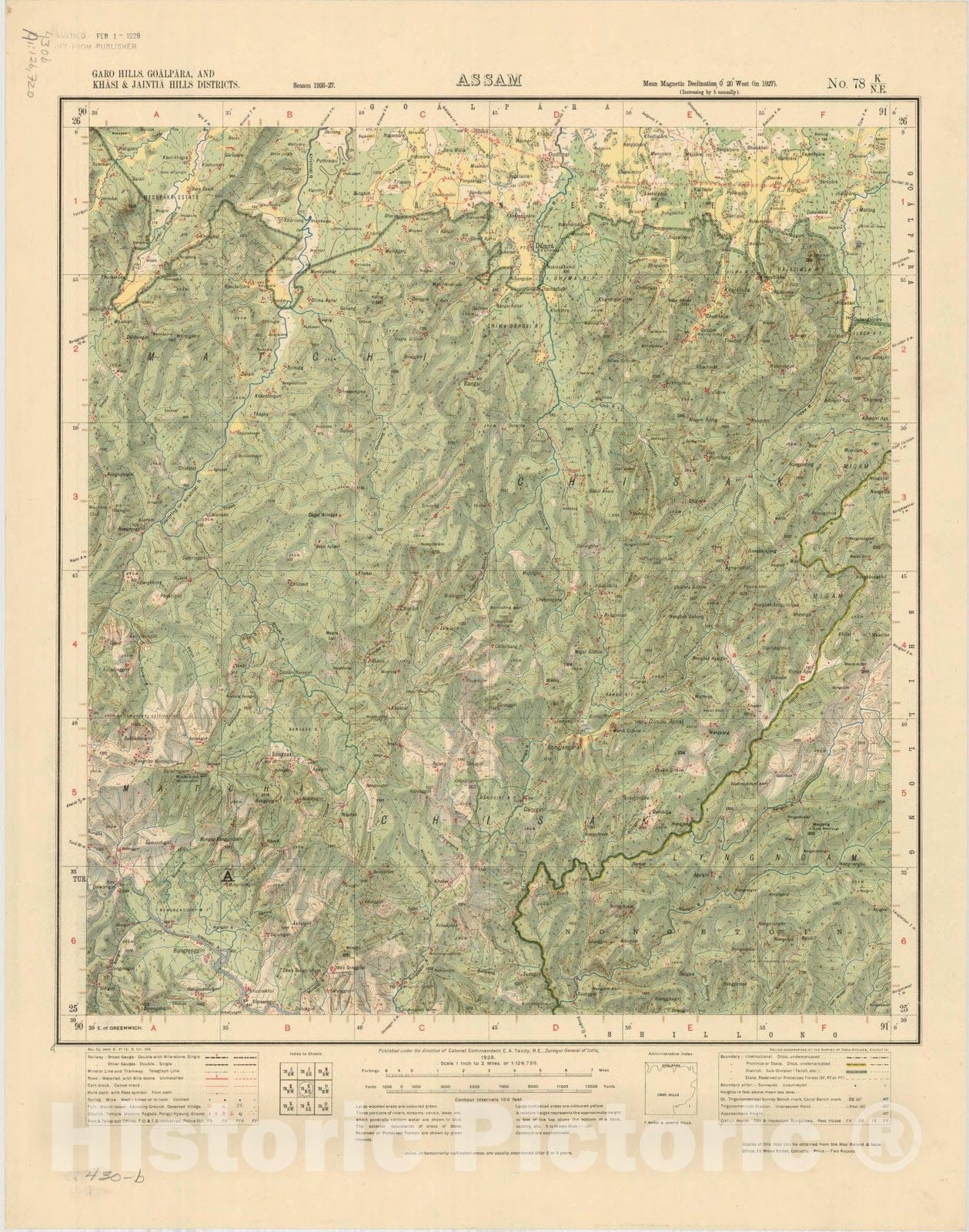 Map : Garo Hills, Goalpara, and Khasi &Jaintia Hills Districts, Assam, No. 78 K/N.E. 1928, India and adjacent countries, Antique Vintage Reproduction