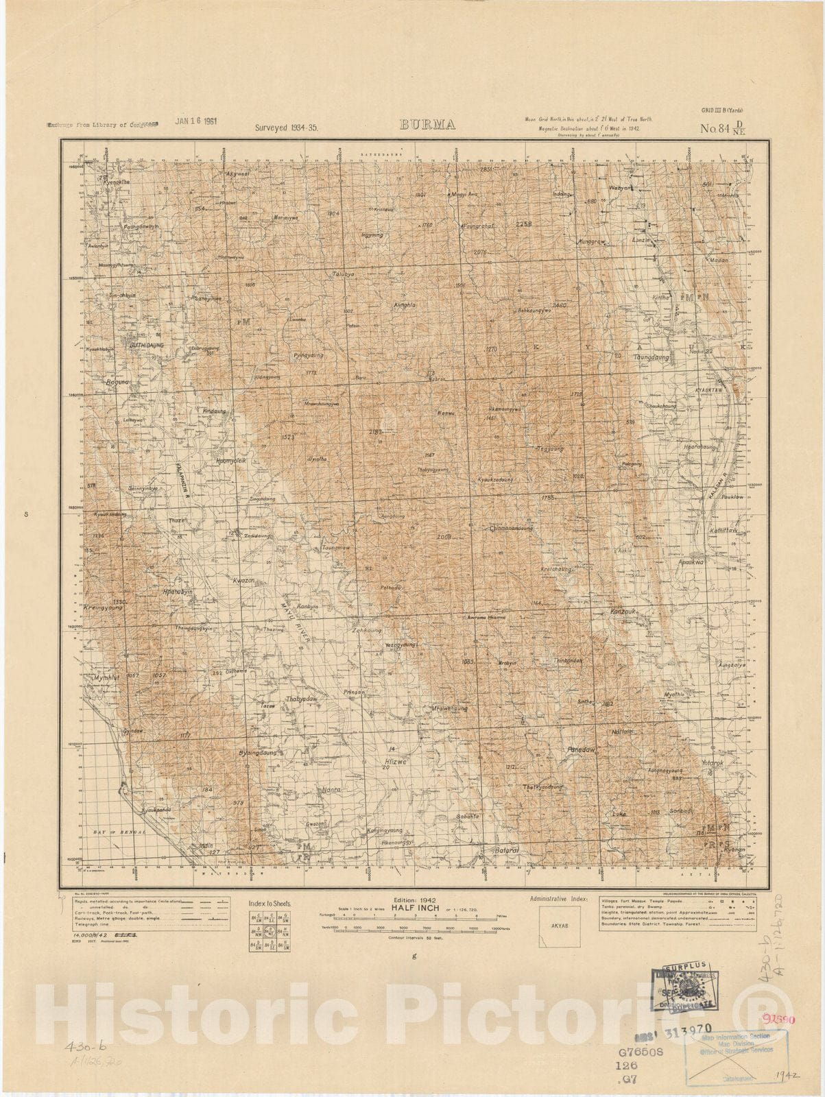 Map : Burma No. 84 D/N.E. 1942, India and adjacent countries, Antique Vintage Reproduction