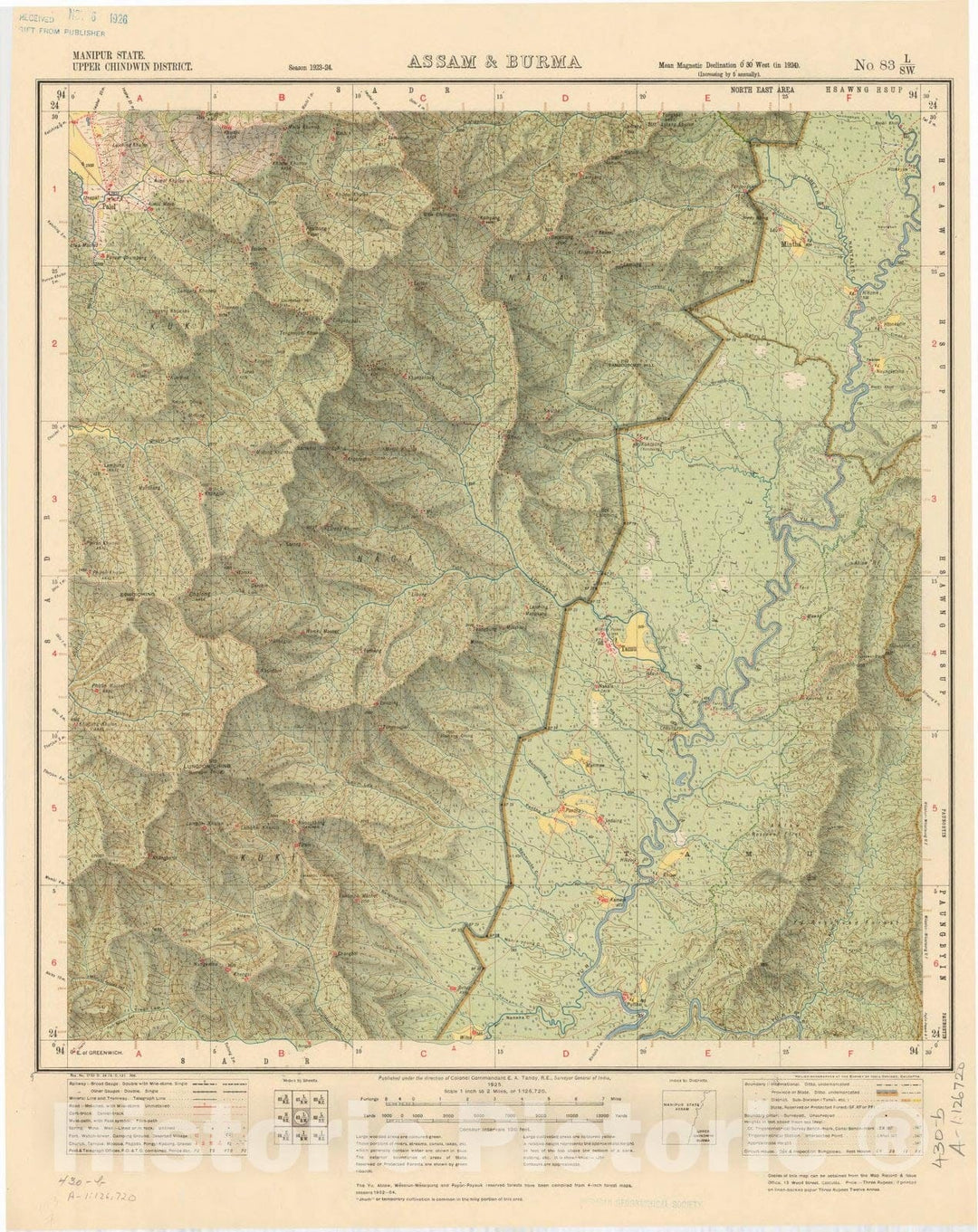 Map : Manipur State, Upper Chindwin District, Assam & Burma, No. 83 L/S.W. 1925, India and adjacent countries, Antique Vintage Reproduction