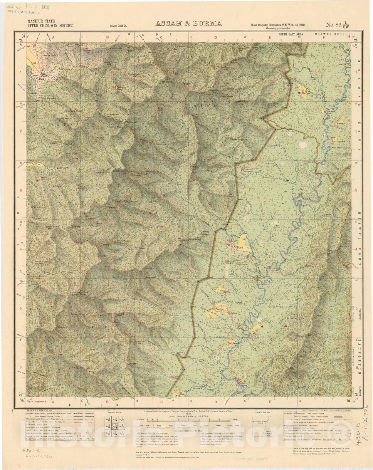 Map : Manipur State, Upper Chindwin District, Assam & Burma, No. 83 L/S.W. 1925, India and adjacent countries, Antique Vintage Reproduction