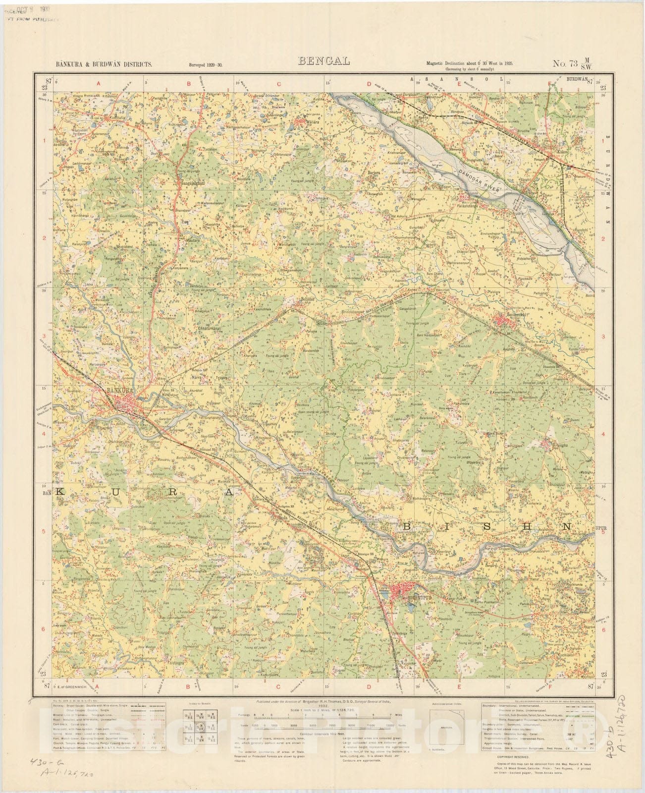 Map : Bankura & Burdwan District, Bengal, No. 73 M/S.W. 1932, India and adjacent countries, Antique Vintage Reproduction