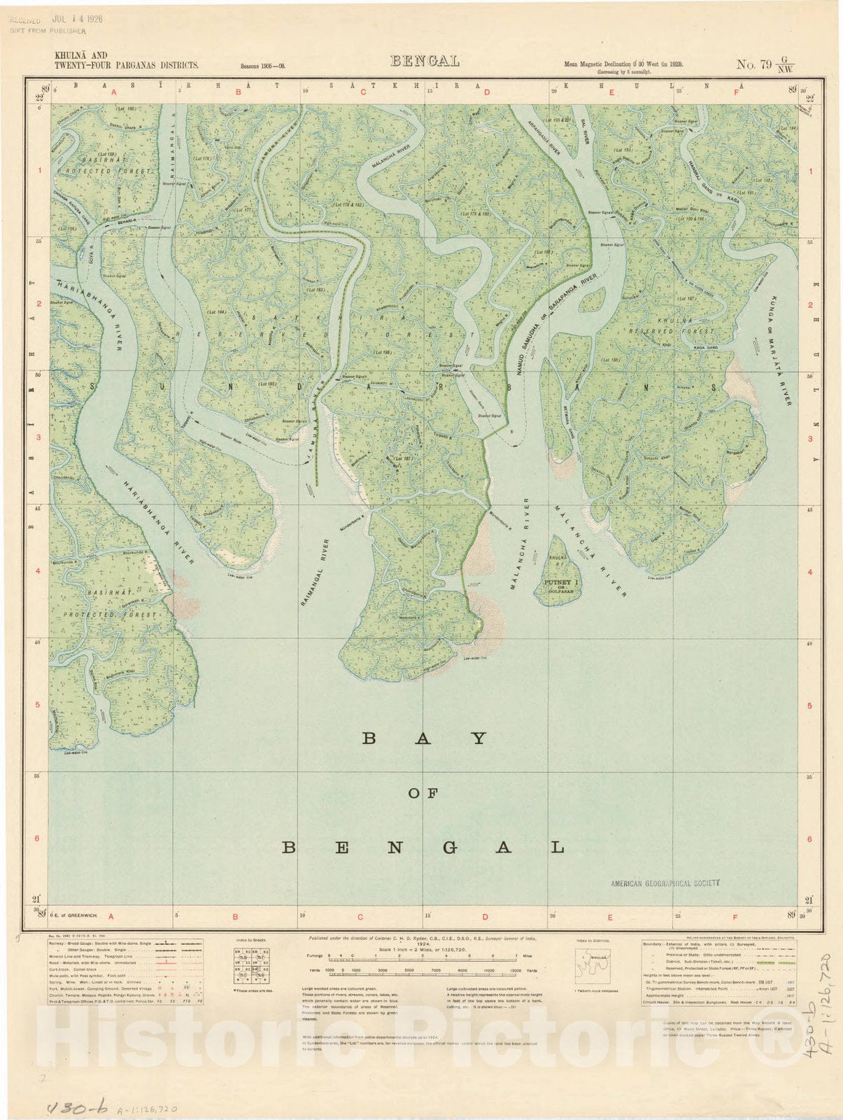 Map : Khulna and Twenty-Four Parganas Districts, Bengal, No. 79 G/N.W. 1924, India and adjacent countries, Antique Vintage Reproduction