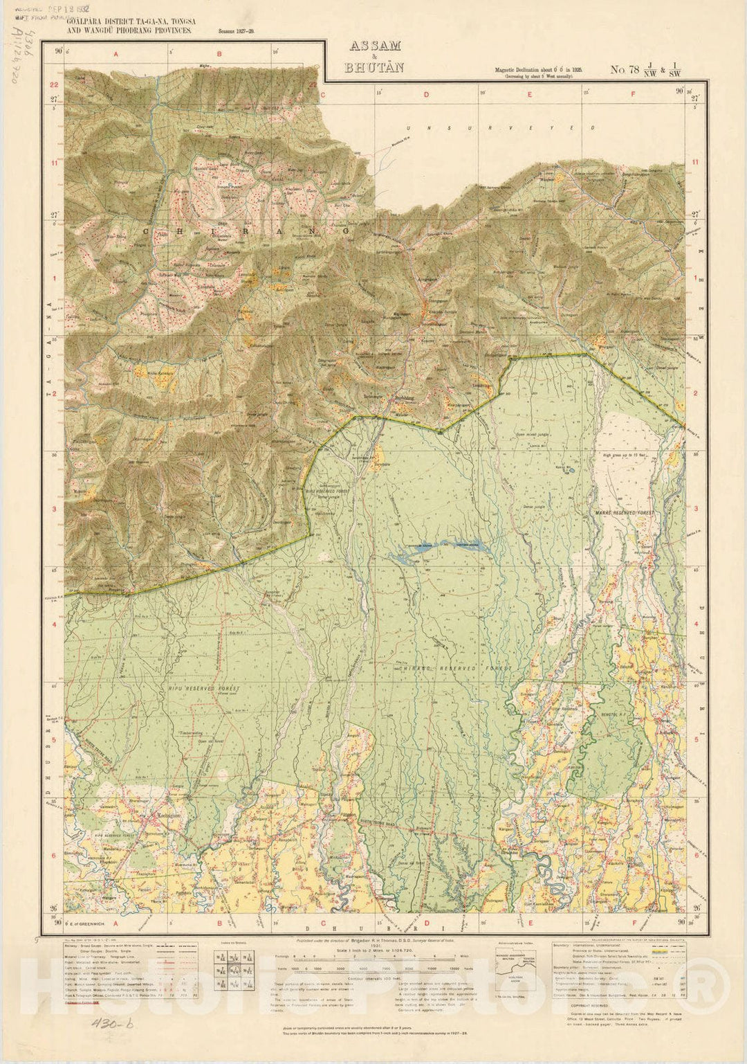 Map : Goalpara District, Ta-Ga-Na, Tongsa and Wangdu Phodrang Provinces, Assam & Bhutan, No. 78 J/N.W. & I/S.W. 1931, India and adjacent countries