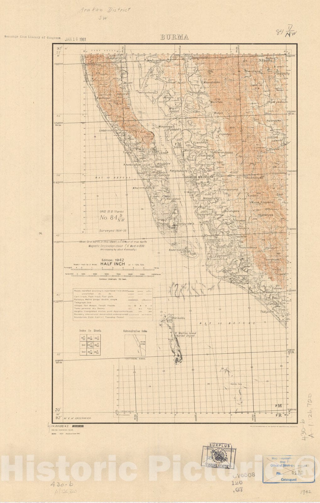 Map : Arakan District S.W., Burma, 84 D/N.W. 1942, India and adjacent countries, Antique Vintage Reproduction