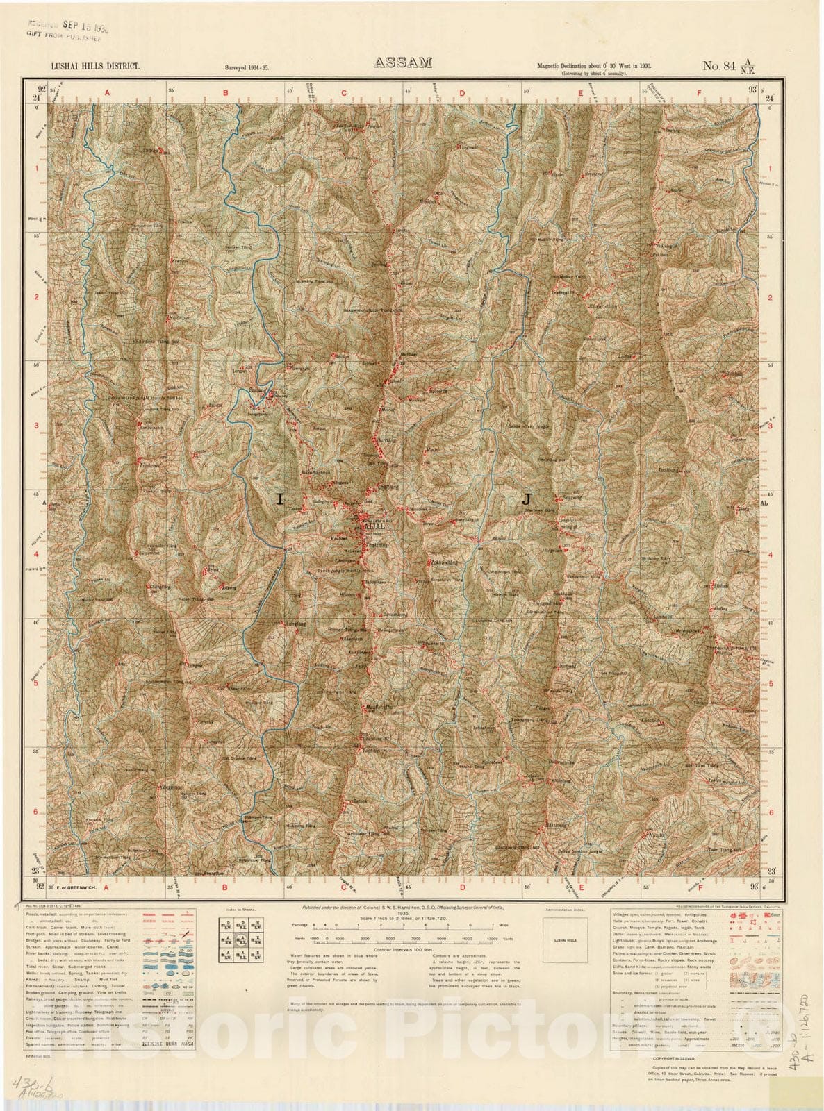 Map : Lushai Hills District. Assam No. 84 A/N.E. 1935, India and adjacent countries, Antique Vintage Reproduction