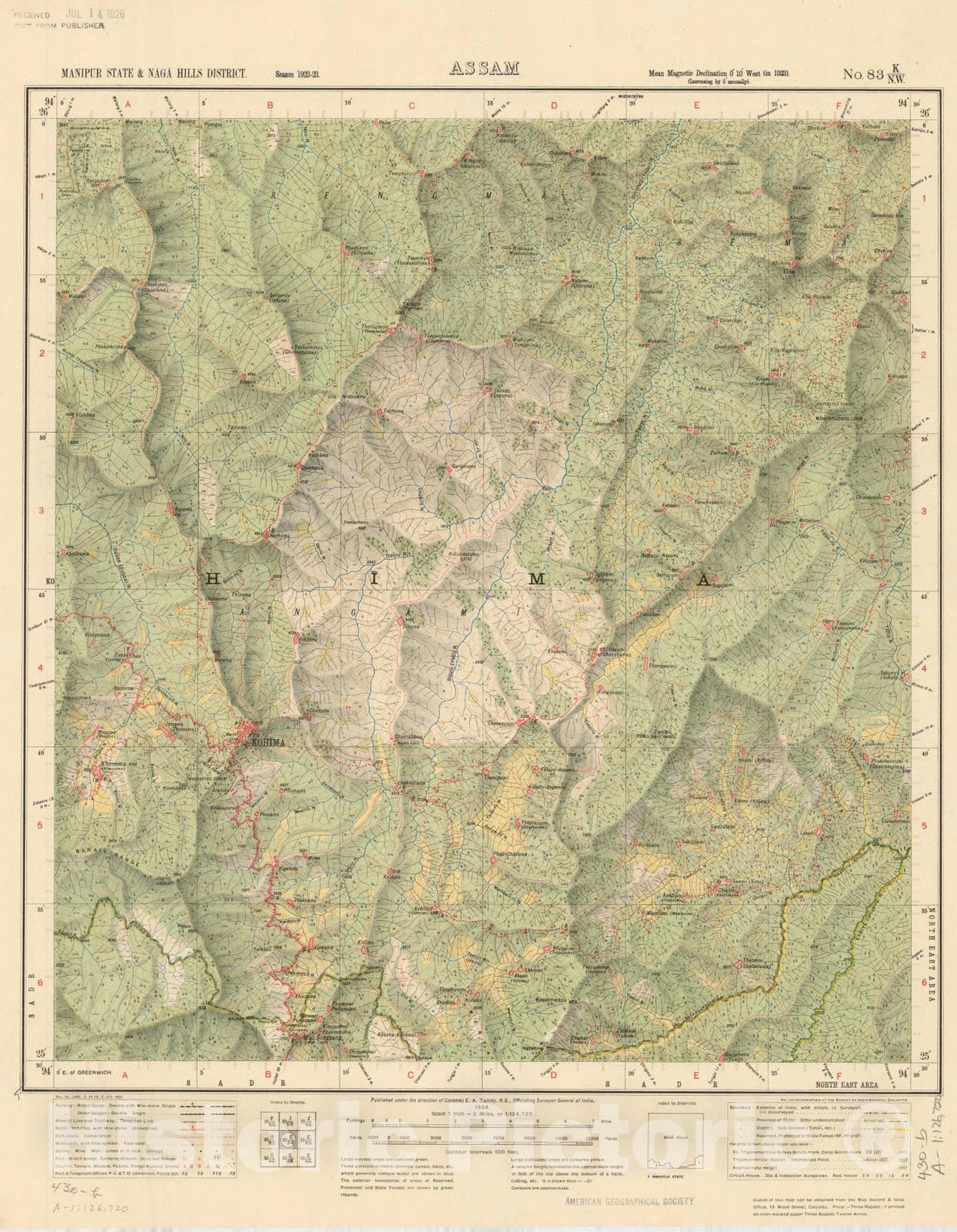 Map : Manipur State & Naga Hills District, Assam, No. 83 K/N.W. 1924, India and adjacent countries, Antique Vintage Reproduction