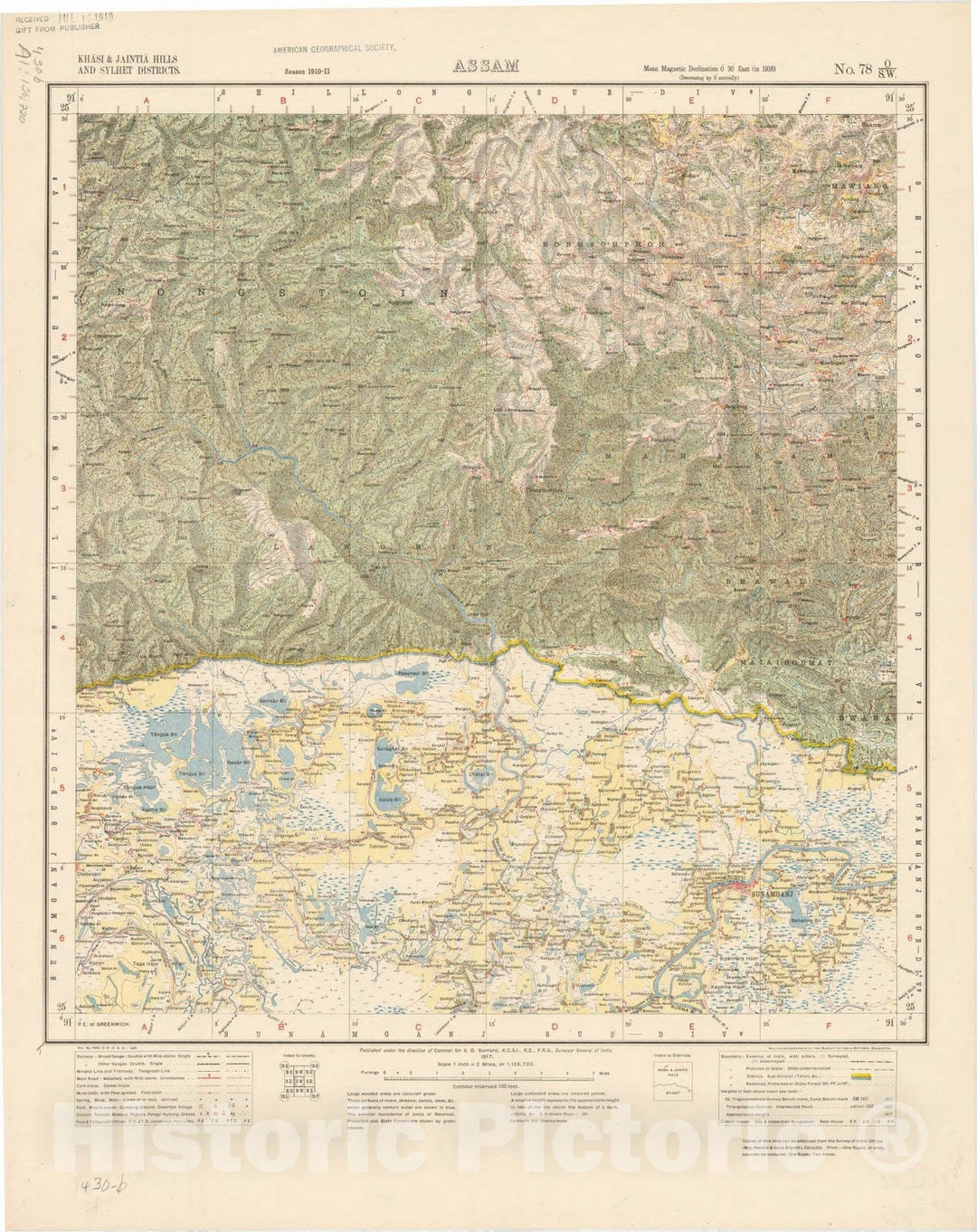 Map : Khasi & Jaintia Hills and Sylhet Districts, Assam, No. 78 O/S.W. 1917, India and adjacent countries, Antique Vintage Reproduction