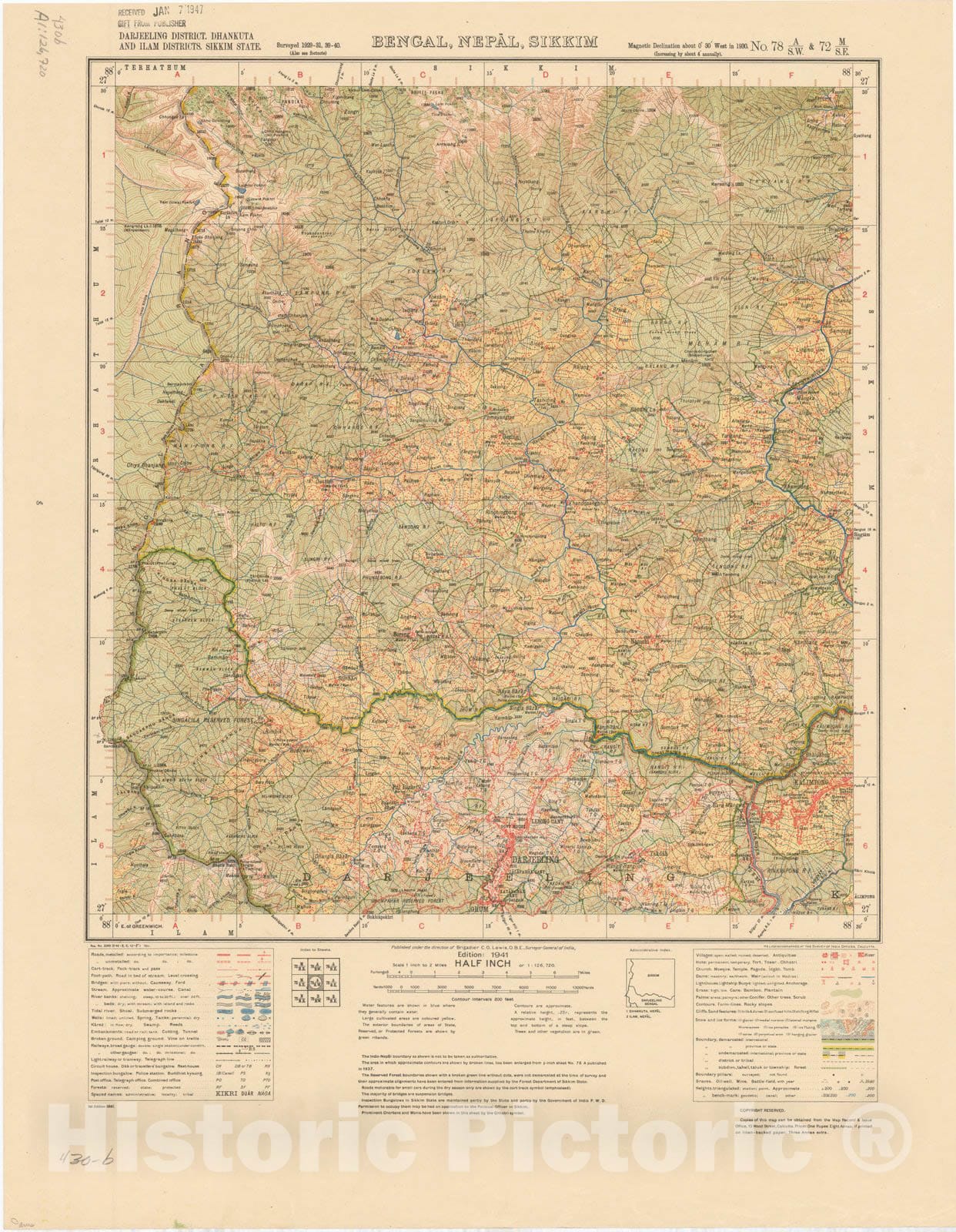 Map : Darjeeling District, Khankuta and Ilam Districts, Sikkim State, Bengal, Nepal, Sikkim, No. 78 A/S.W. & 72 M/S.E. 1941, India and adjacent countries